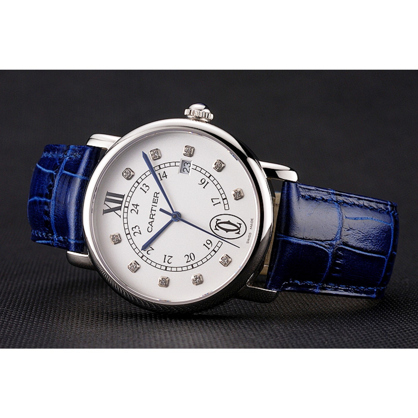 Cartier Ronde Solo White Dial Diamond Hour Marks Stainless Steel Case Blue Leather Strap