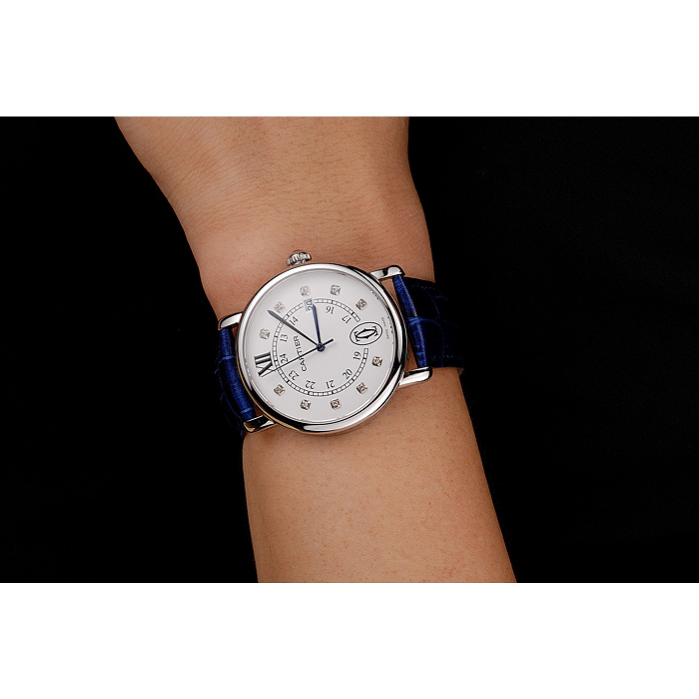 Cartier Ronde Solo White Dial Diamond Hour Marks Stainless Steel Case Blue Leather Strap