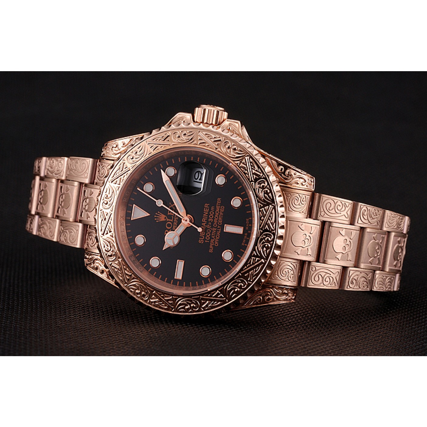 Swiss Rolex Submariner Skull Limited Edition Black Dial Rose Gold Case And Bracelet 1454086