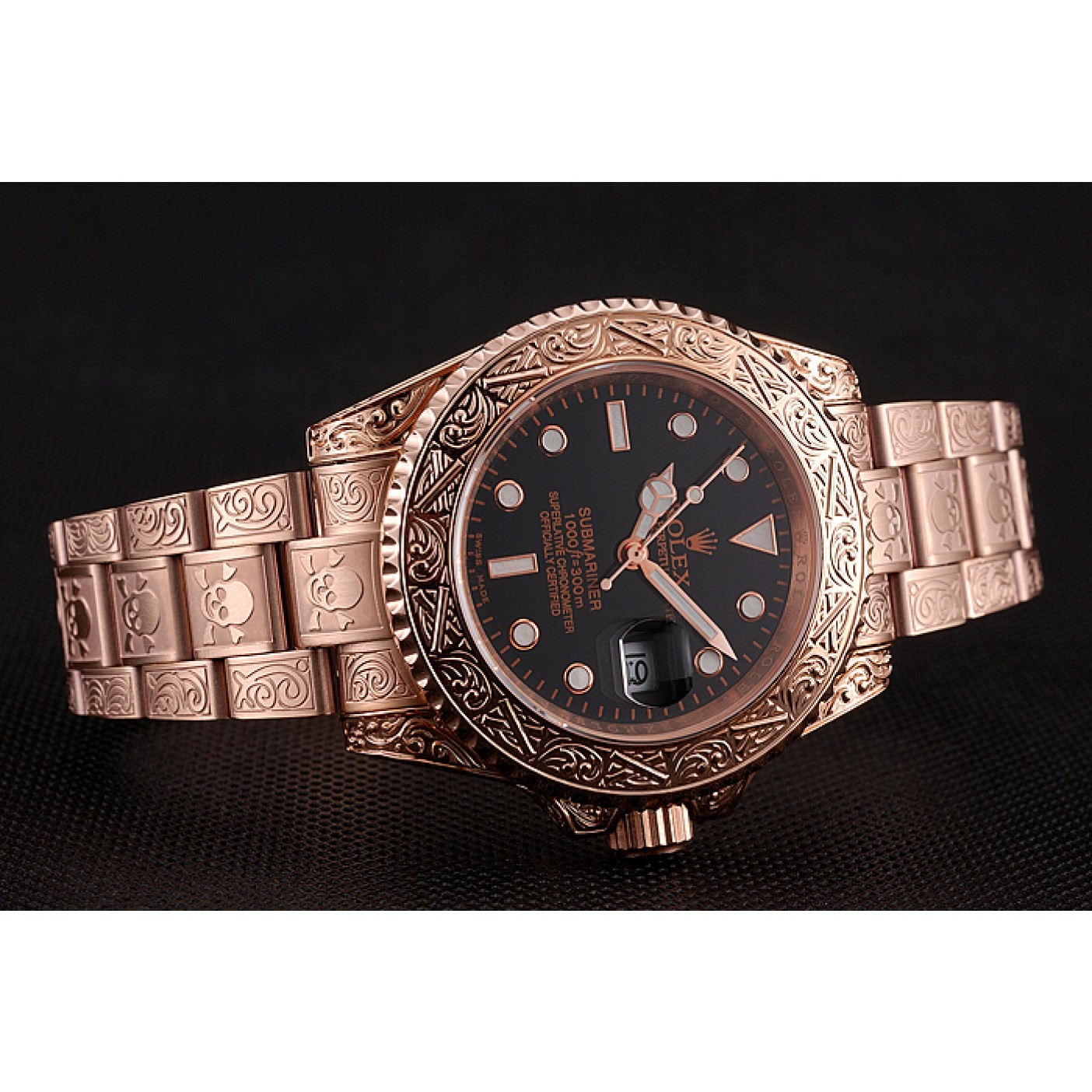 Swiss Rolex Submariner Skull Limited Edition Black Dial Rose Gold Case And Bracelet 1454086