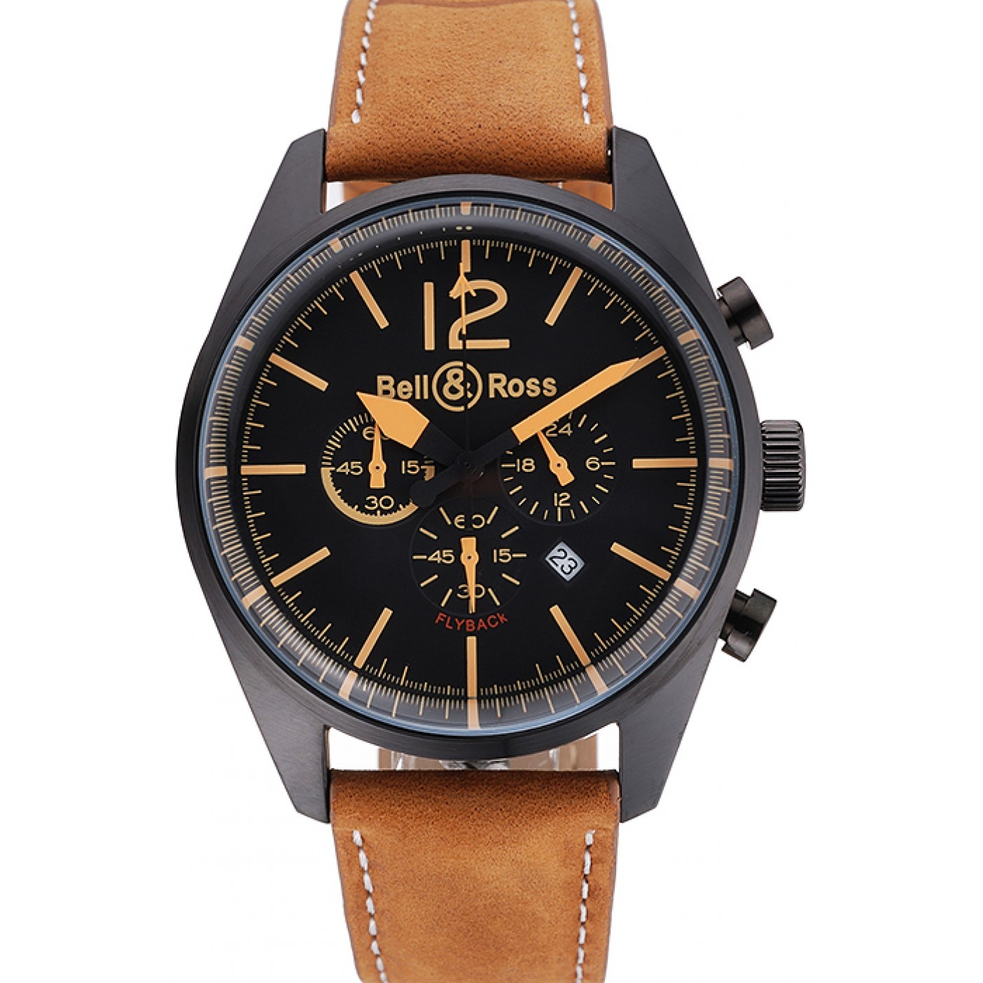 Bell and Ross BR126 Flyback Black Dial Black Case Gold Numerals Brown Suede Leather Strap