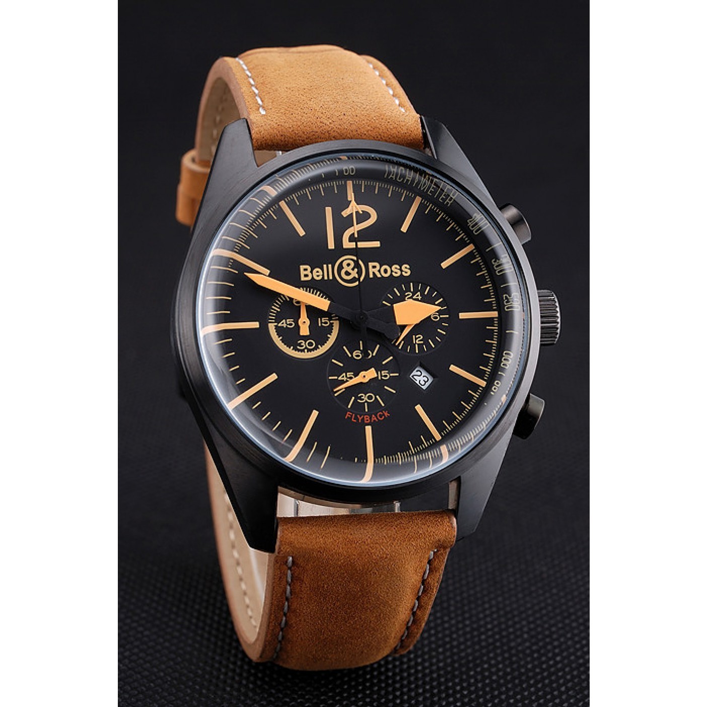 Bell and Ross BR126 Flyback Black Dial Black Case Gold Numerals Brown Suede Leather Strap