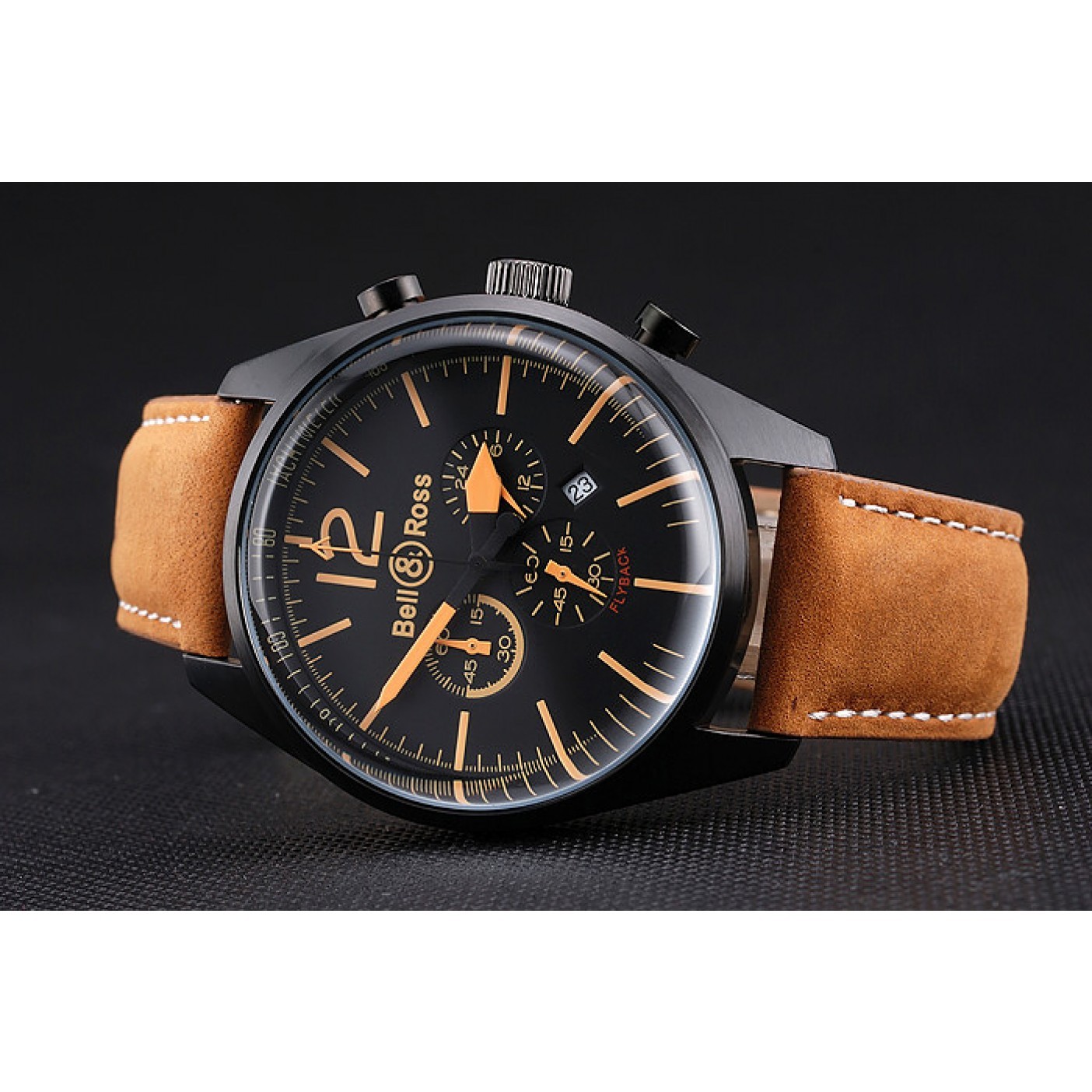 Bell and Ross BR126 Flyback Black Dial Black Case Gold Numerals Brown Suede Leather Strap