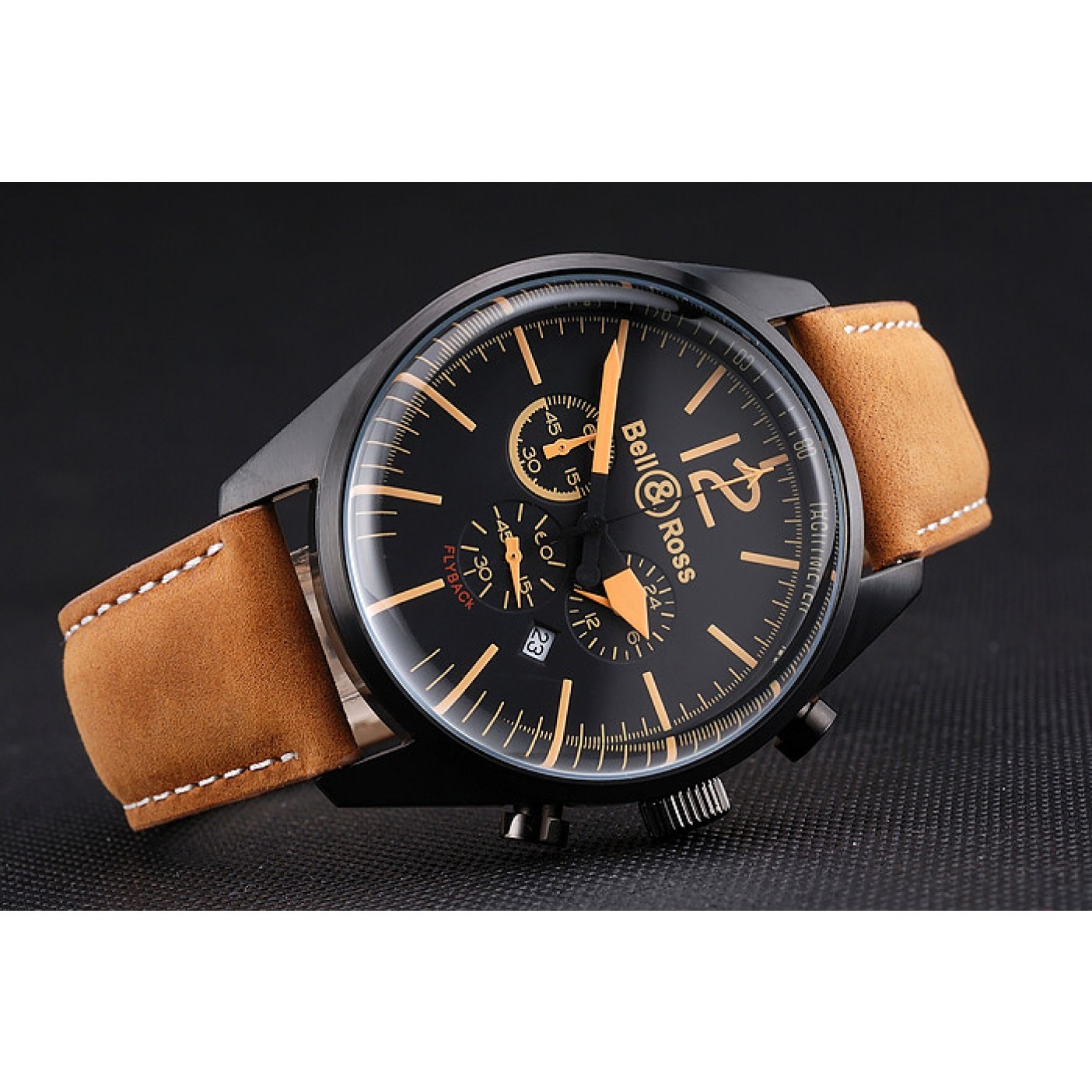 Bell and Ross BR126 Flyback Black Dial Black Case Gold Numerals Brown Suede Leather Strap