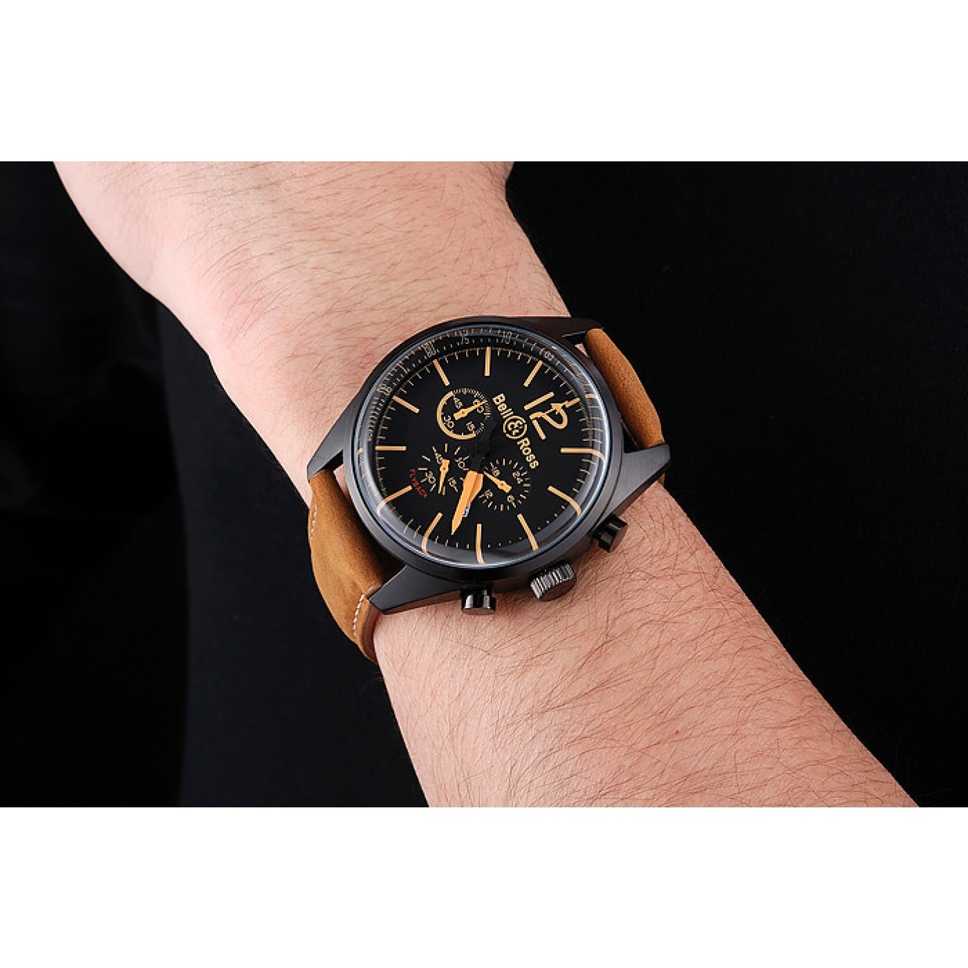 Bell and Ross BR126 Flyback Black Dial Black Case Gold Numerals Brown Suede Leather Strap