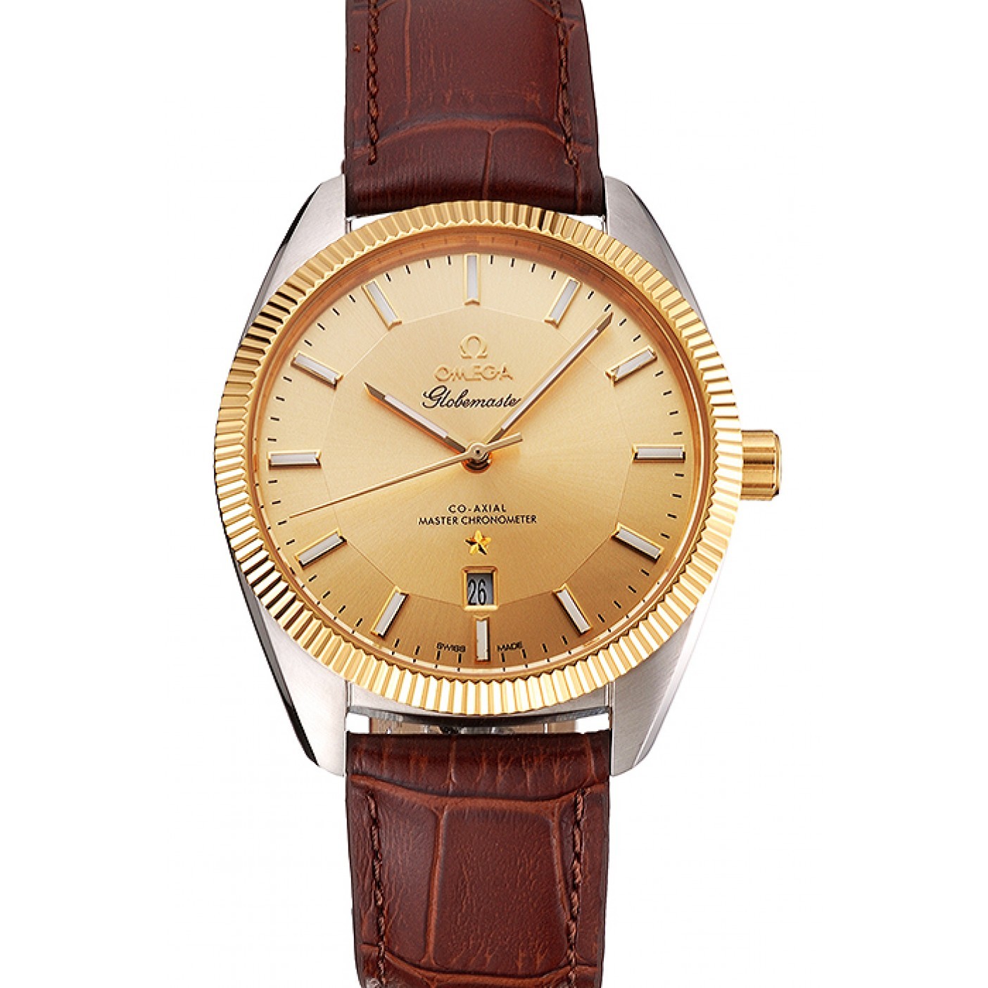 Omega Globemaster Gold Dial And Bezel Stainless Steel Case Brown Leather Strap