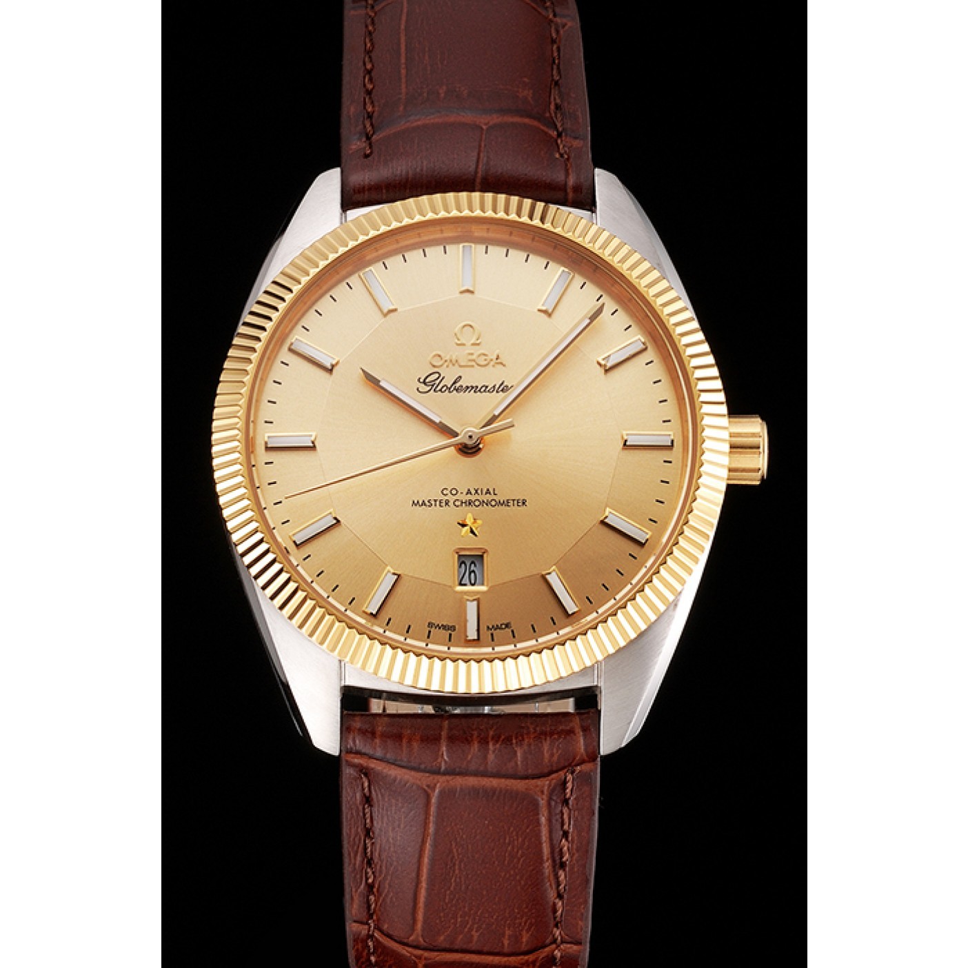 Omega Globemaster Gold Dial And Bezel Stainless Steel Case Brown Leather Strap