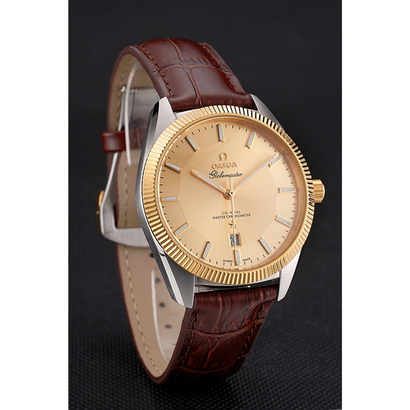 Omega Globemaster Gold Dial And Bezel Stainless Steel Case Brown Leather Strap