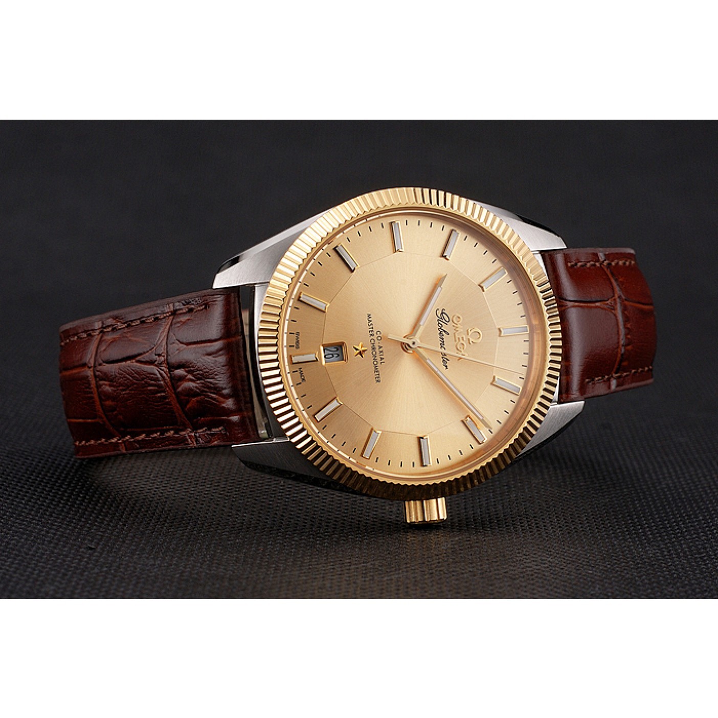 Omega Globemaster Gold Dial And Bezel Stainless Steel Case Brown Leather Strap