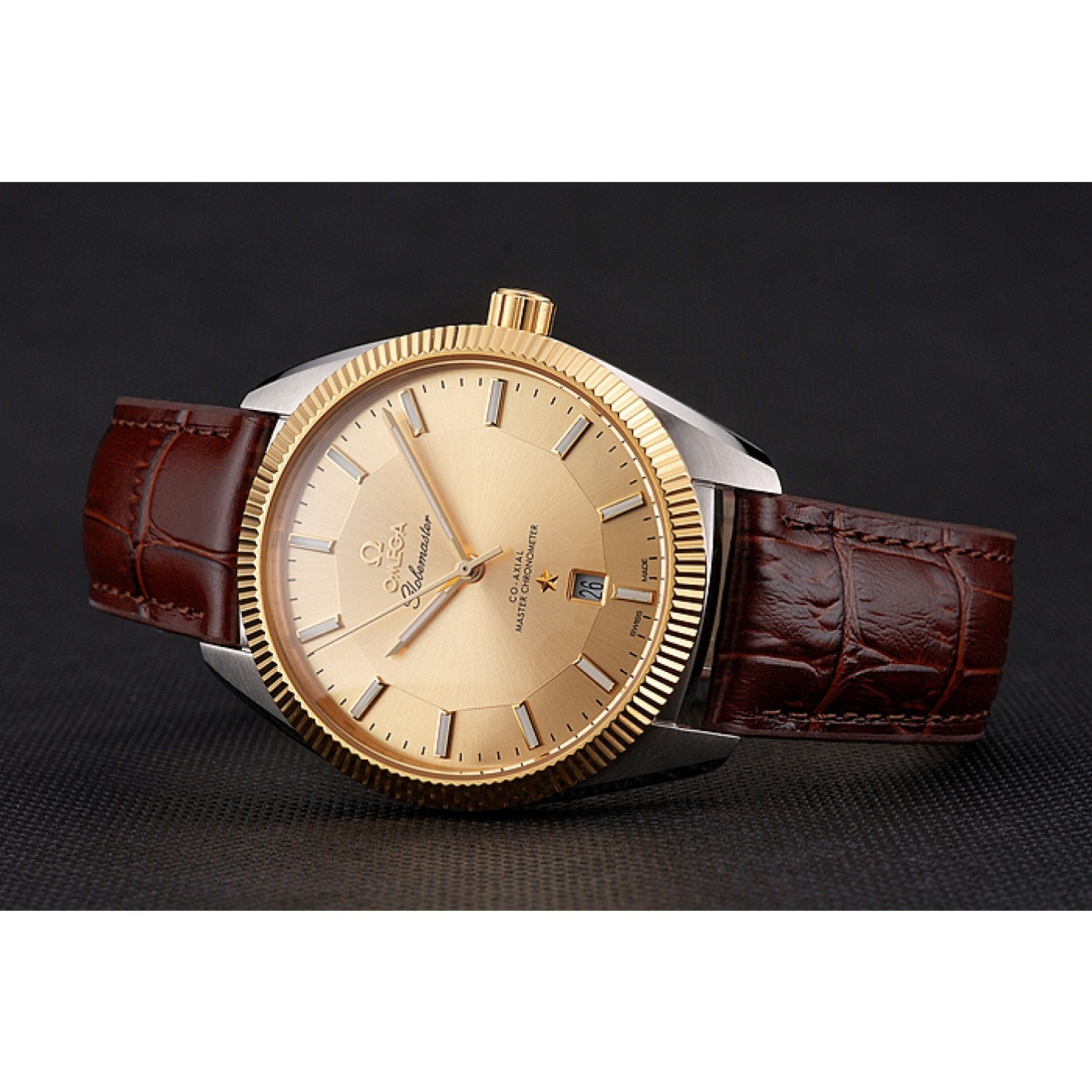 Omega Globemaster Gold Dial And Bezel Stainless Steel Case Brown Leather Strap