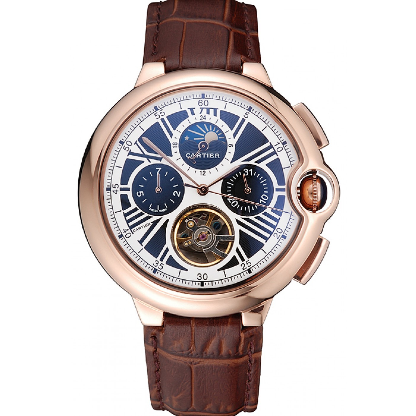 Cartier Ballon Bleu Flying Tourbillon Chronograph White Dial Rose Gold Case Brown Leather Strap