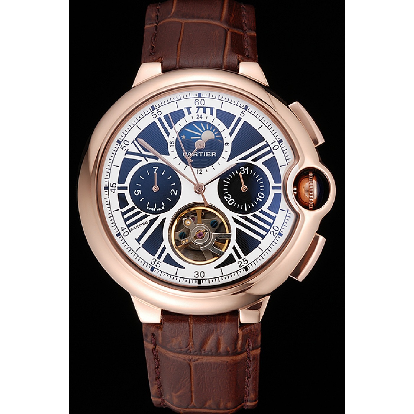 Cartier Ballon Bleu Flying Tourbillon Chronograph White Dial Rose Gold Case Brown Leather Strap