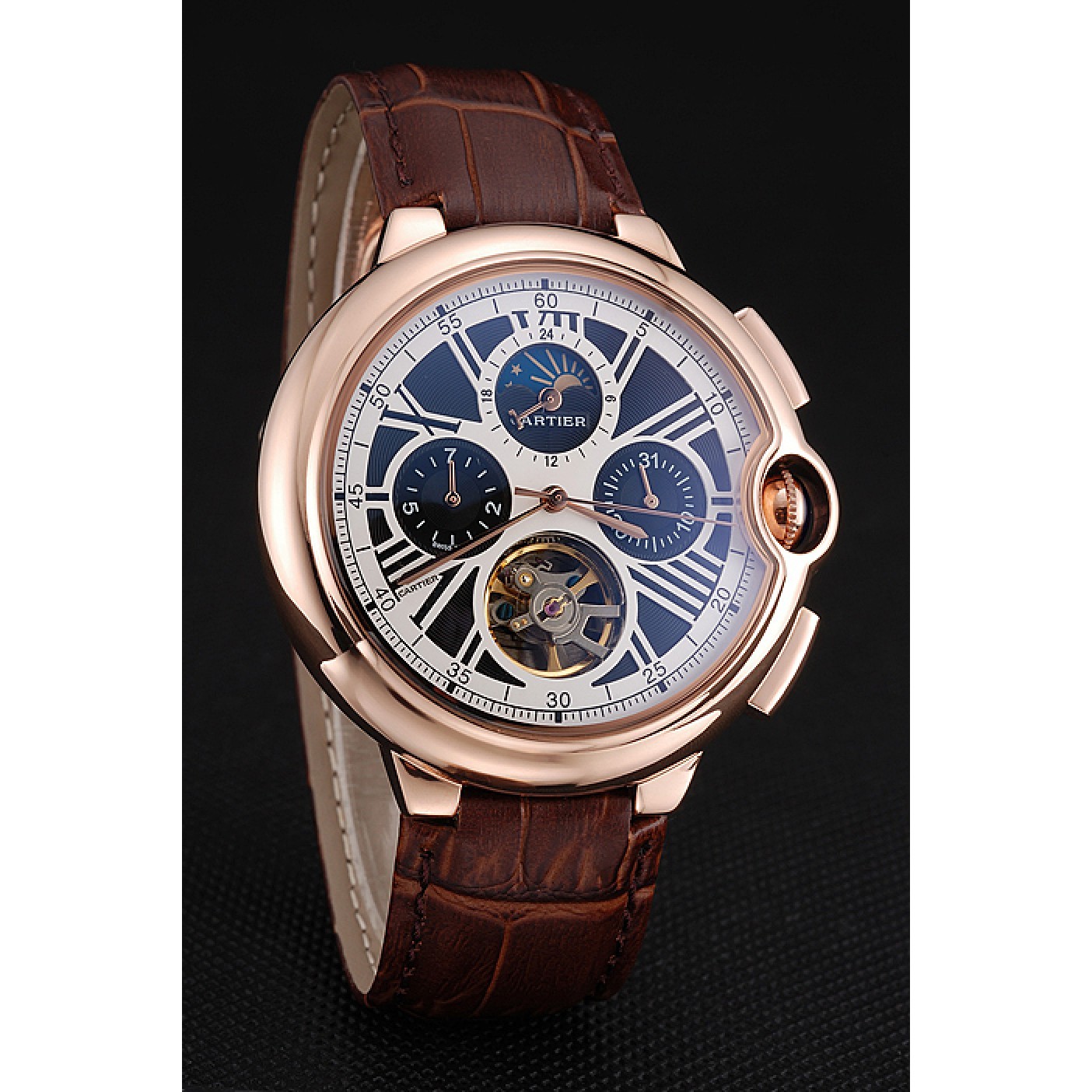 Cartier Ballon Bleu Flying Tourbillon Chronograph White Dial Rose Gold Case Brown Leather Strap