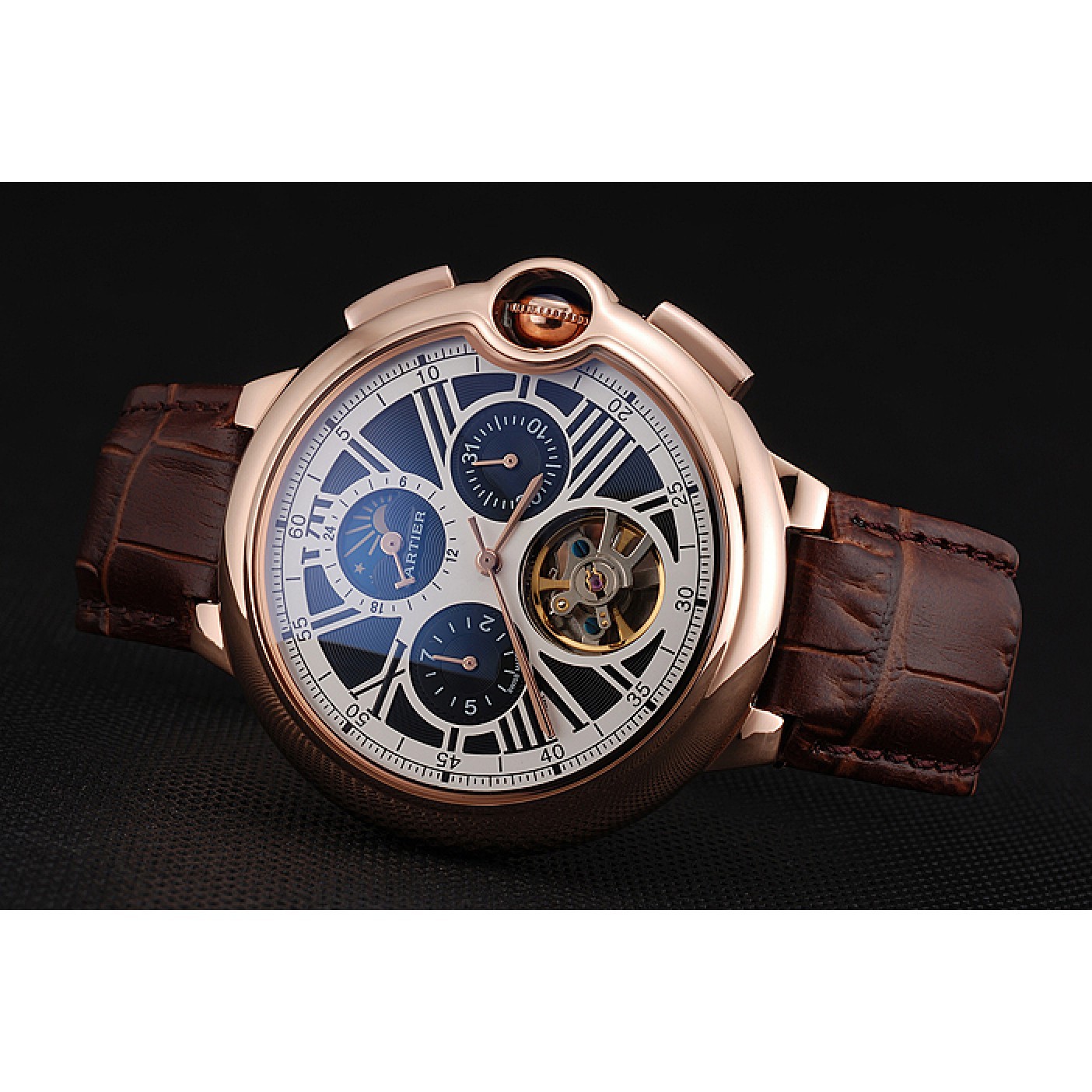 Cartier Ballon Bleu Flying Tourbillon Chronograph White Dial Rose Gold Case Brown Leather Strap