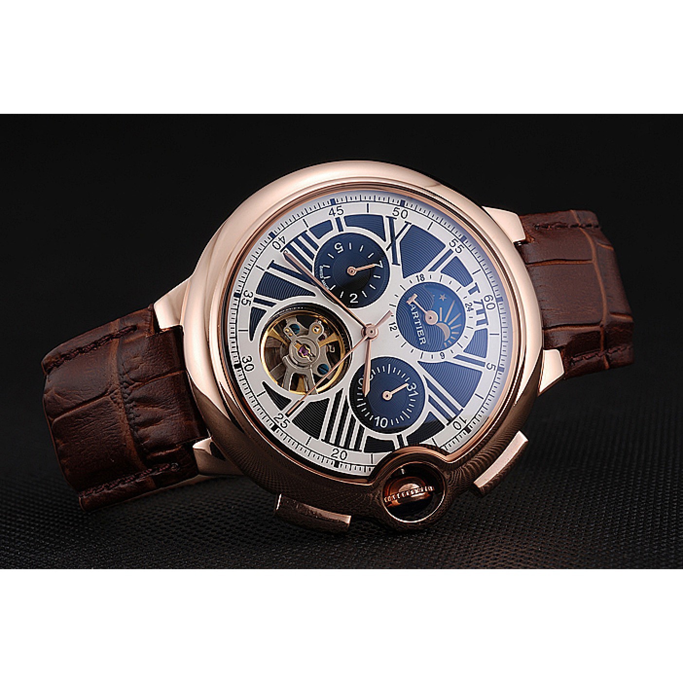 Cartier Ballon Bleu Flying Tourbillon Chronograph White Dial Rose Gold Case Brown Leather Strap