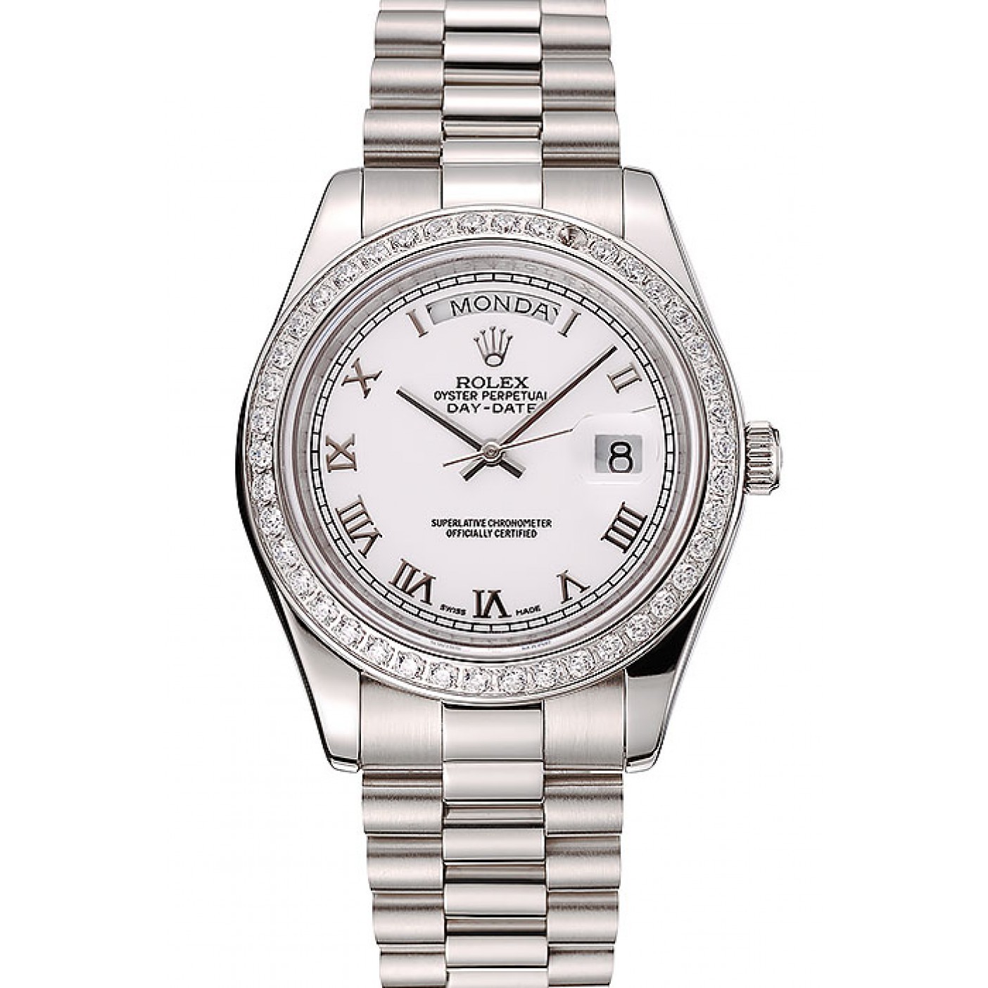 RepTime Watches Swiss Rolex Day-Date White Dial Diamond Case Stainless Steel Bracelet 1453967