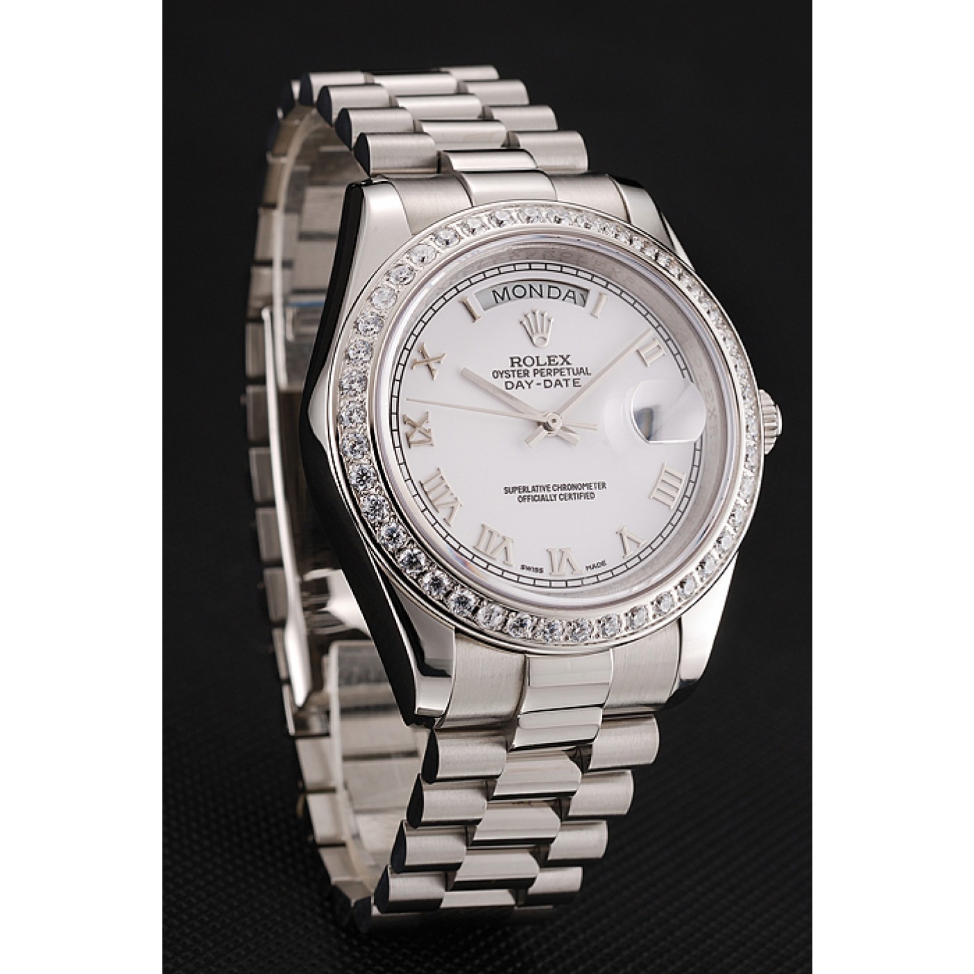 RepTime Watches Swiss Rolex Day-Date White Dial Diamond Case Stainless Steel Bracelet 1453967