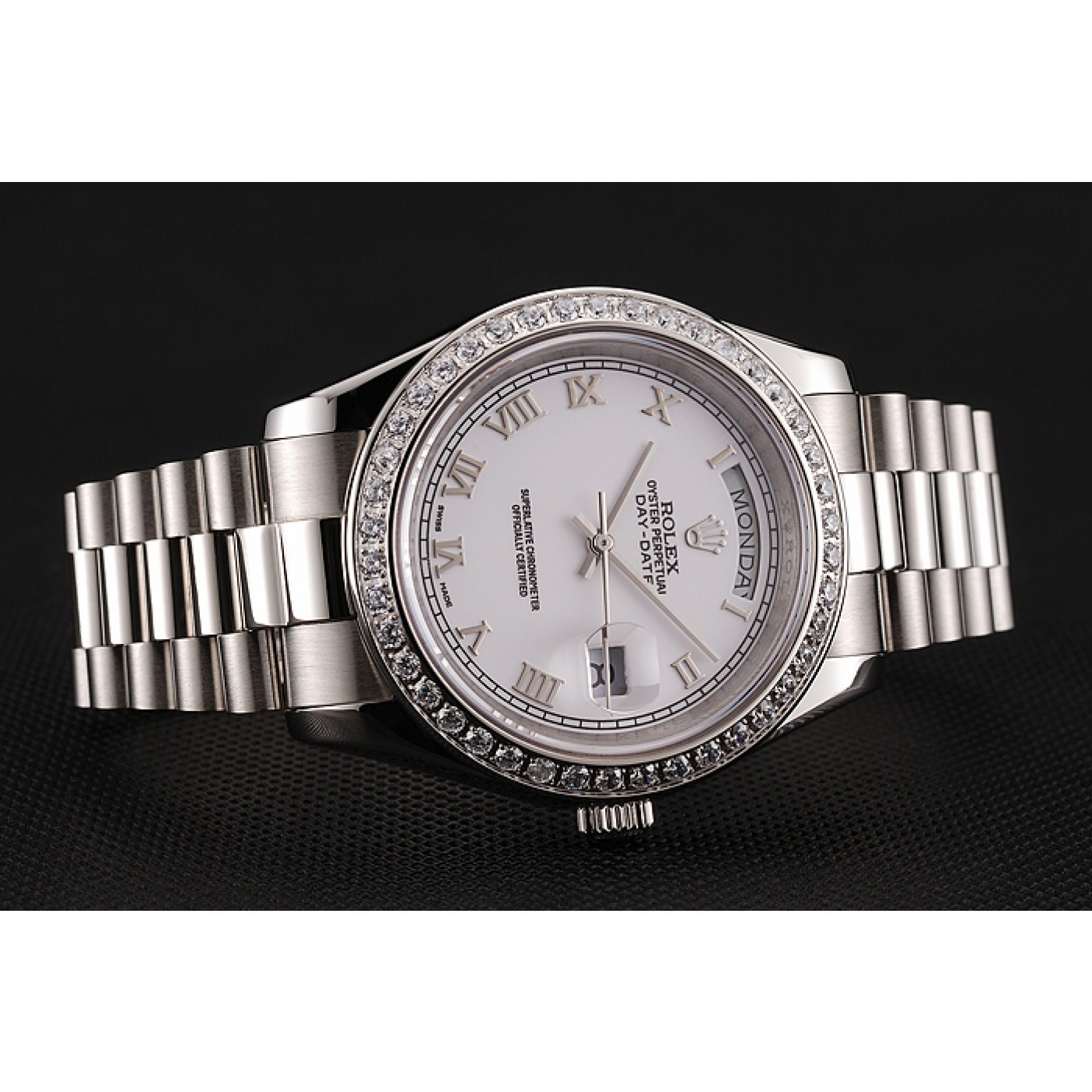 RepTime Watches Swiss Rolex Day-Date White Dial Diamond Case Stainless Steel Bracelet 1453967