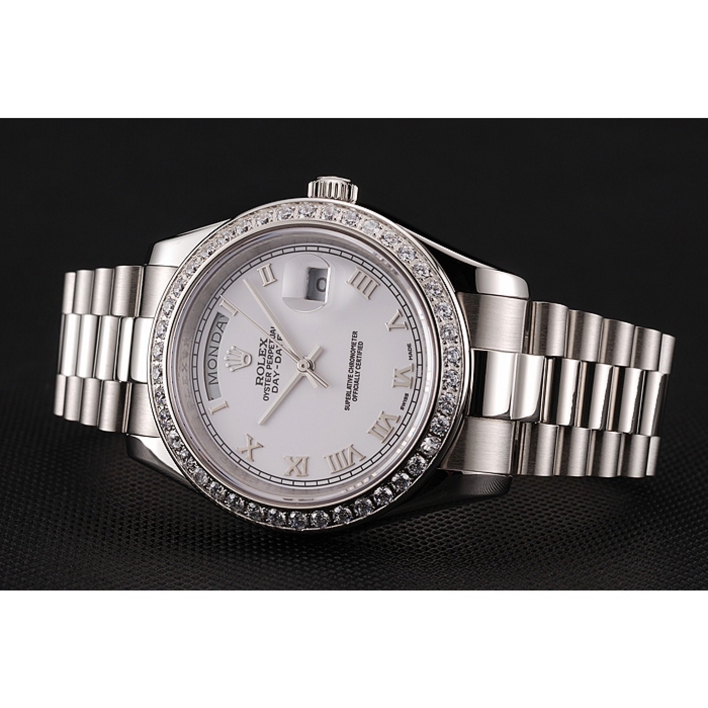 Swiss Rolex Day-Date White Dial Diamond Case Stainless Steel Bracelet 1453967