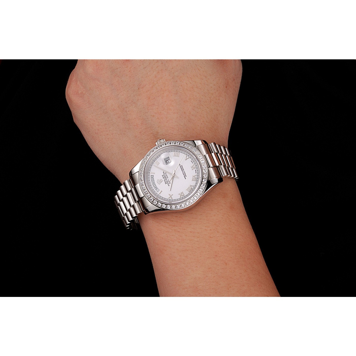 RepTime Watches Swiss Rolex Day-Date White Dial Diamond Case Stainless Steel Bracelet 1453967