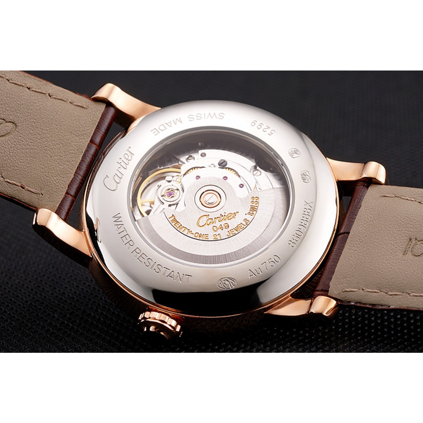 Swiss Cartier Rotonde Annual Calendar Black Dial Rose Gold Case Brown Leather Strap