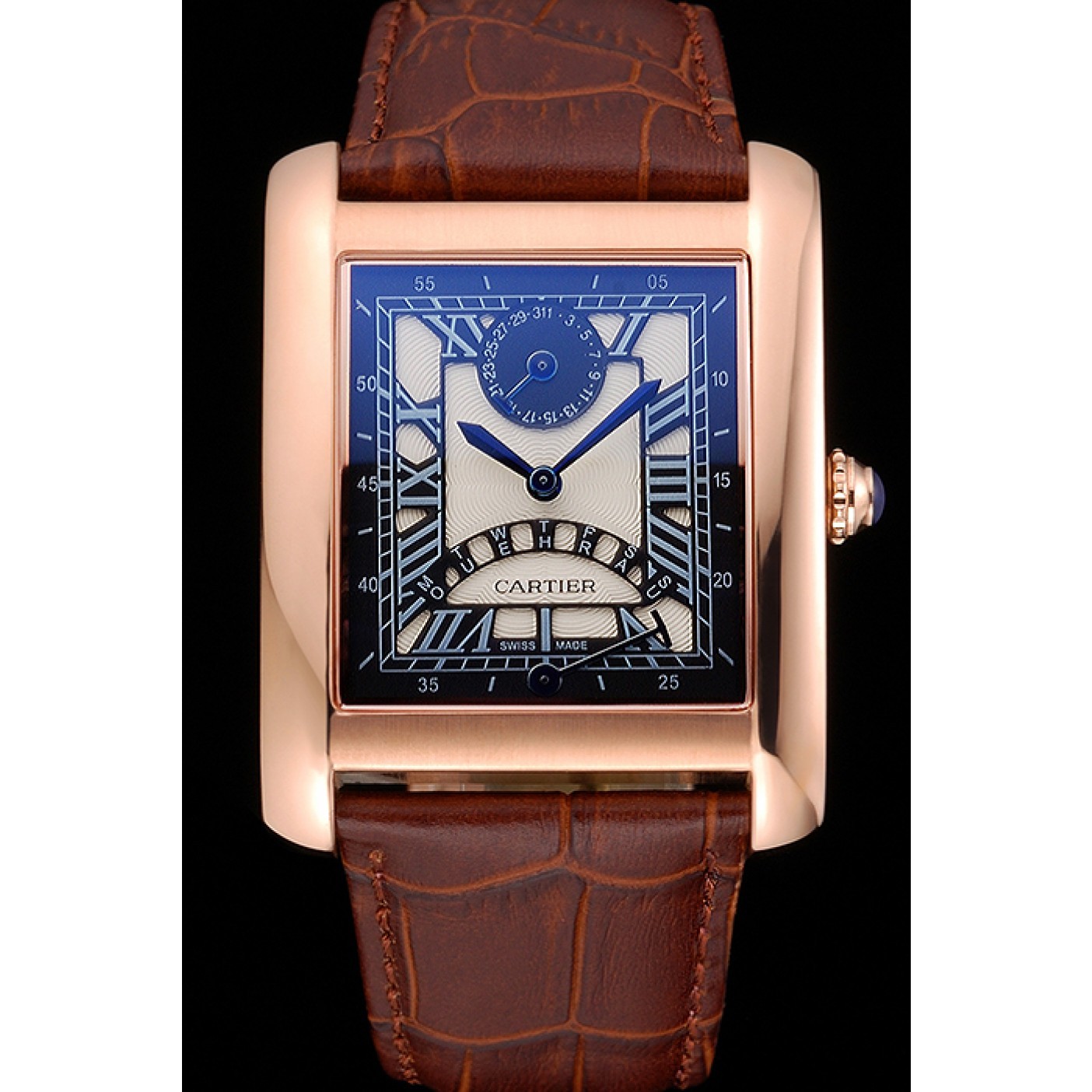 Cartier Tank Black Dial Rose Gold Case Brown Leather Strap 622765