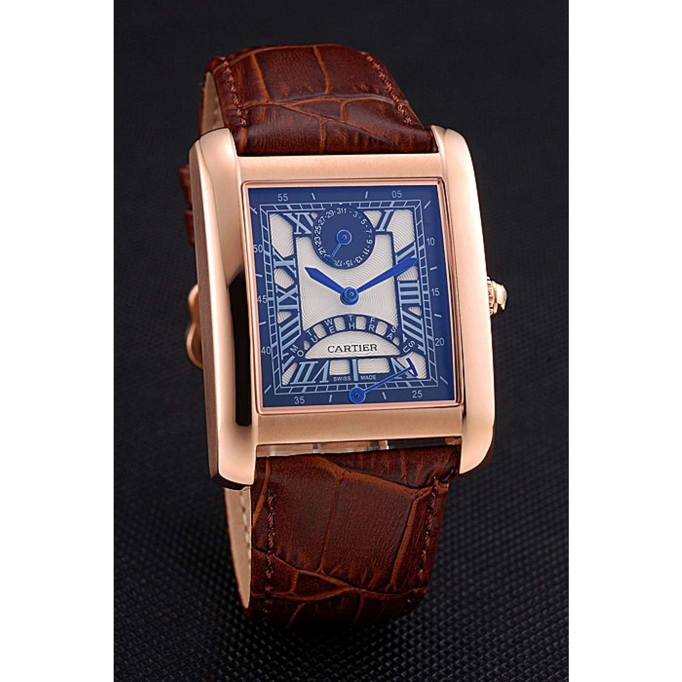 Cartier Tank Black Dial Rose Gold Case Brown Leather Strap 622765