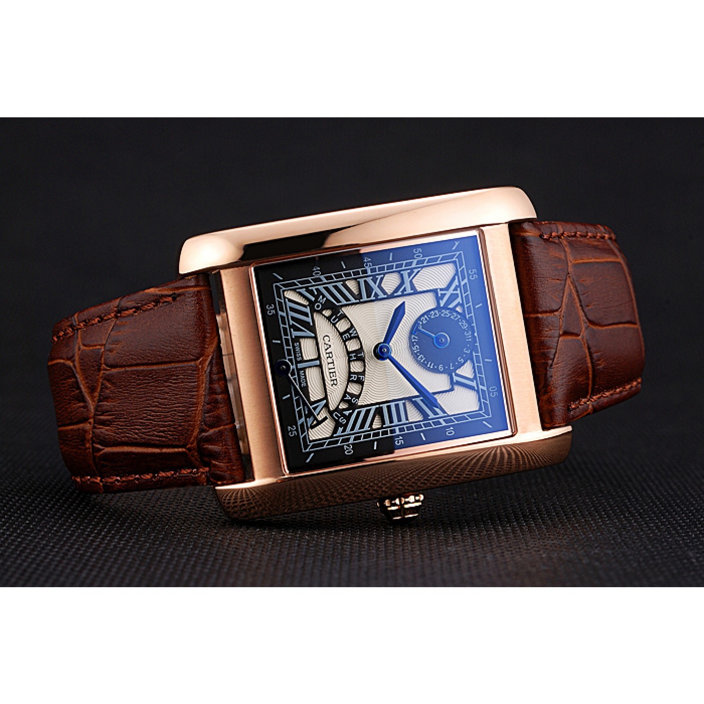 Cartier Tank Black Dial Rose Gold Case Brown Leather Strap 622765