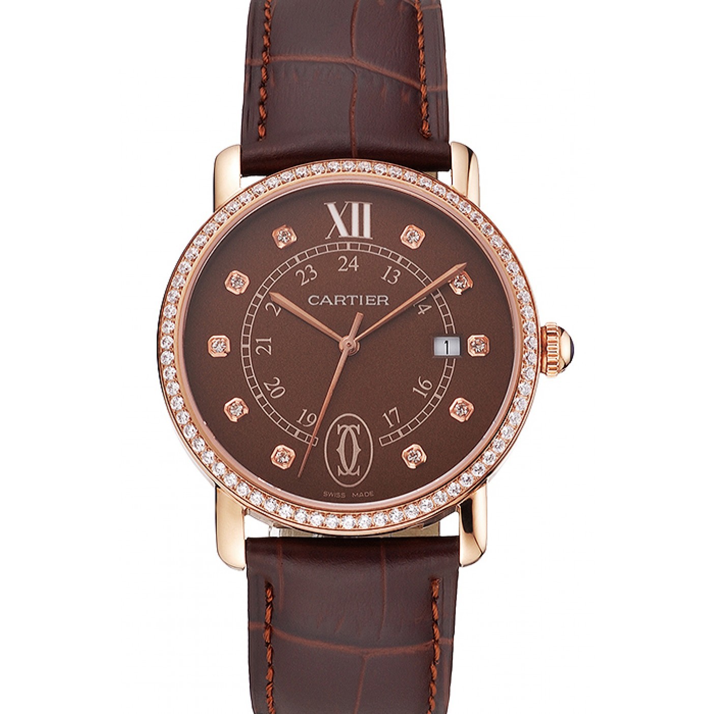 Cartier Ronde Solo Brown Dial Diamond Hour Marks And Bezel Rose Gold Case Brown Leather Strap