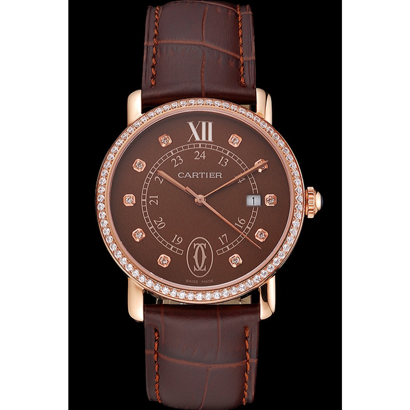 Cartier Ronde Solo Brown Dial Diamond Hour Marks And Bezel Rose Gold Case Brown Leather Strap