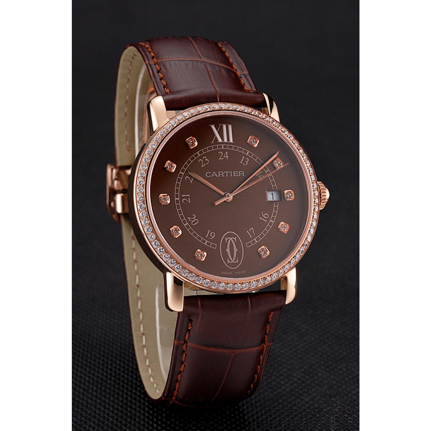 Cartier Ronde Solo Brown Dial Diamond Hour Marks And Bezel Rose Gold Case Brown Leather Strap