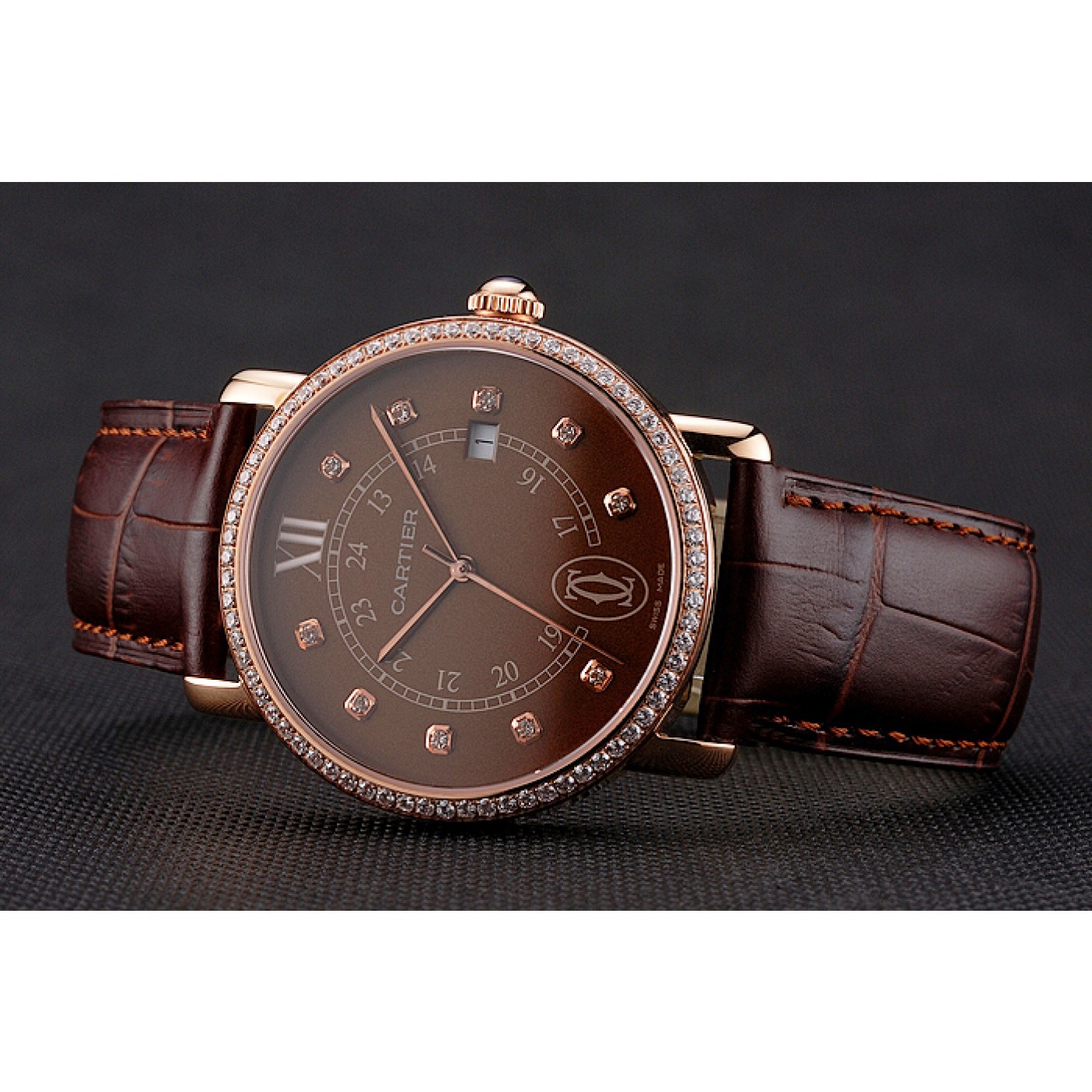 Cartier Ronde Solo Brown Dial Diamond Hour Marks And Bezel Rose Gold Case Brown Leather Strap