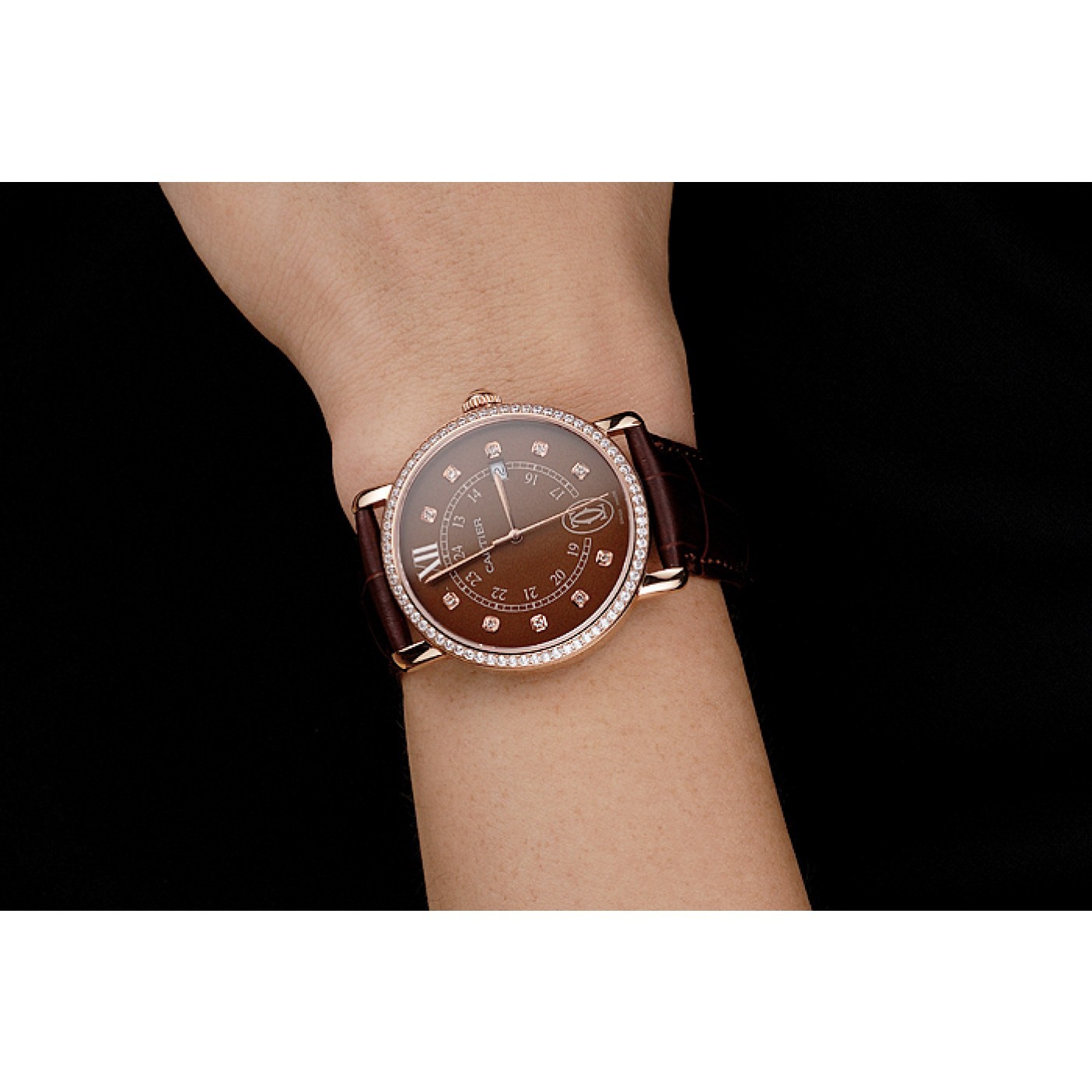 Cartier Ronde Solo Brown Dial Diamond Hour Marks And Bezel Rose Gold Case Brown Leather Strap