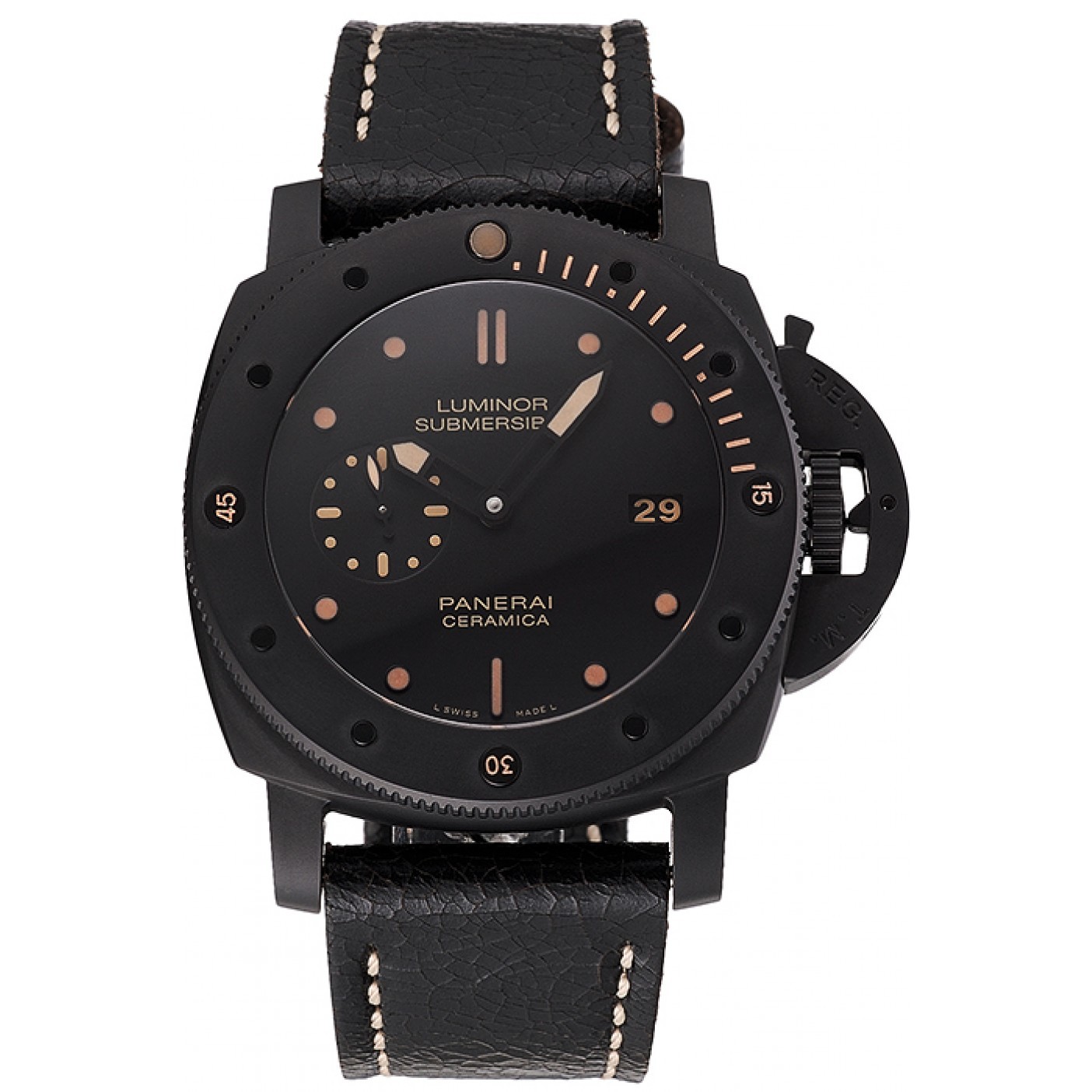 Swiss Panerai Luminor Submersible 3 Days Black Dial Black Case Black Leather Strap