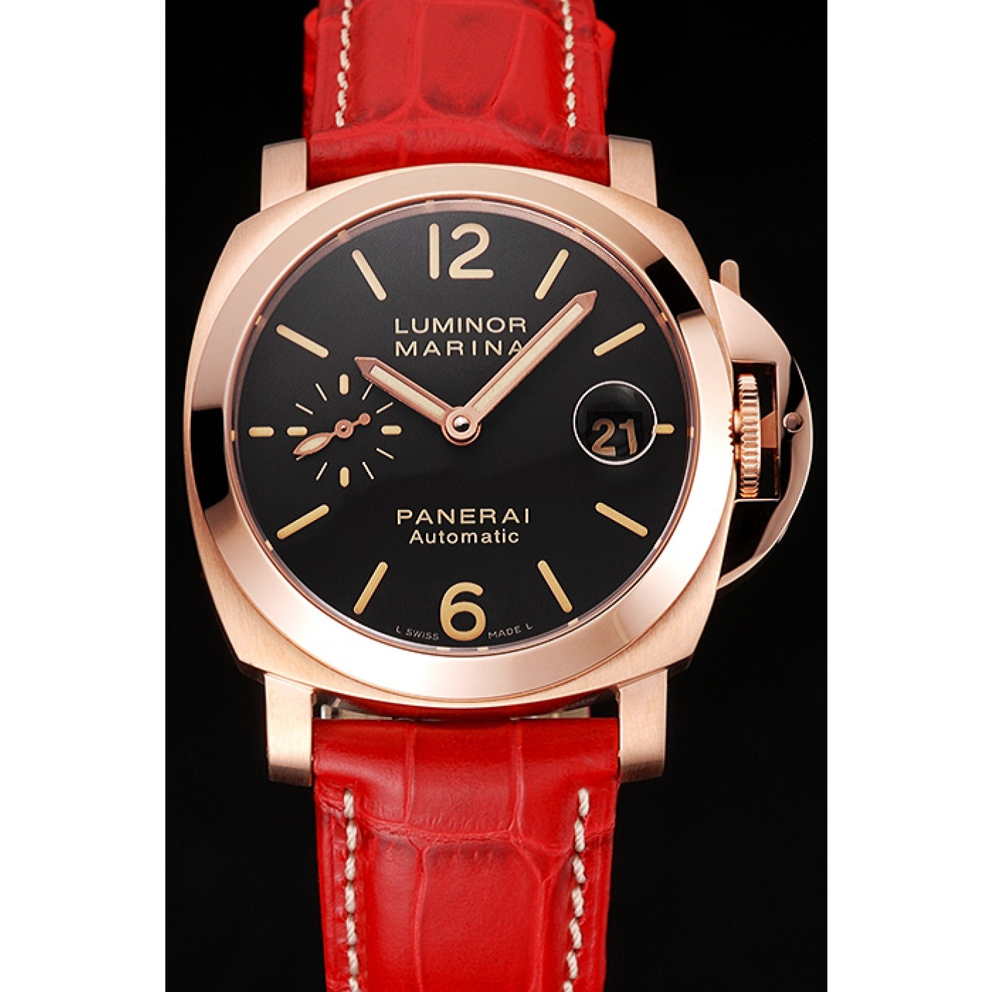 Swiss Panerai Luminor Marina Black Dial Rose Gold Case Red Leather Strap