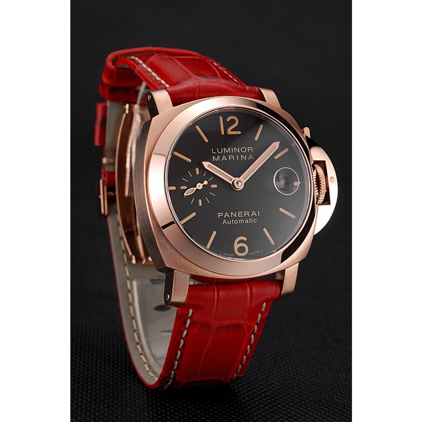 Swiss Panerai Luminor Marina Black Dial Rose Gold Case Red Leather Strap