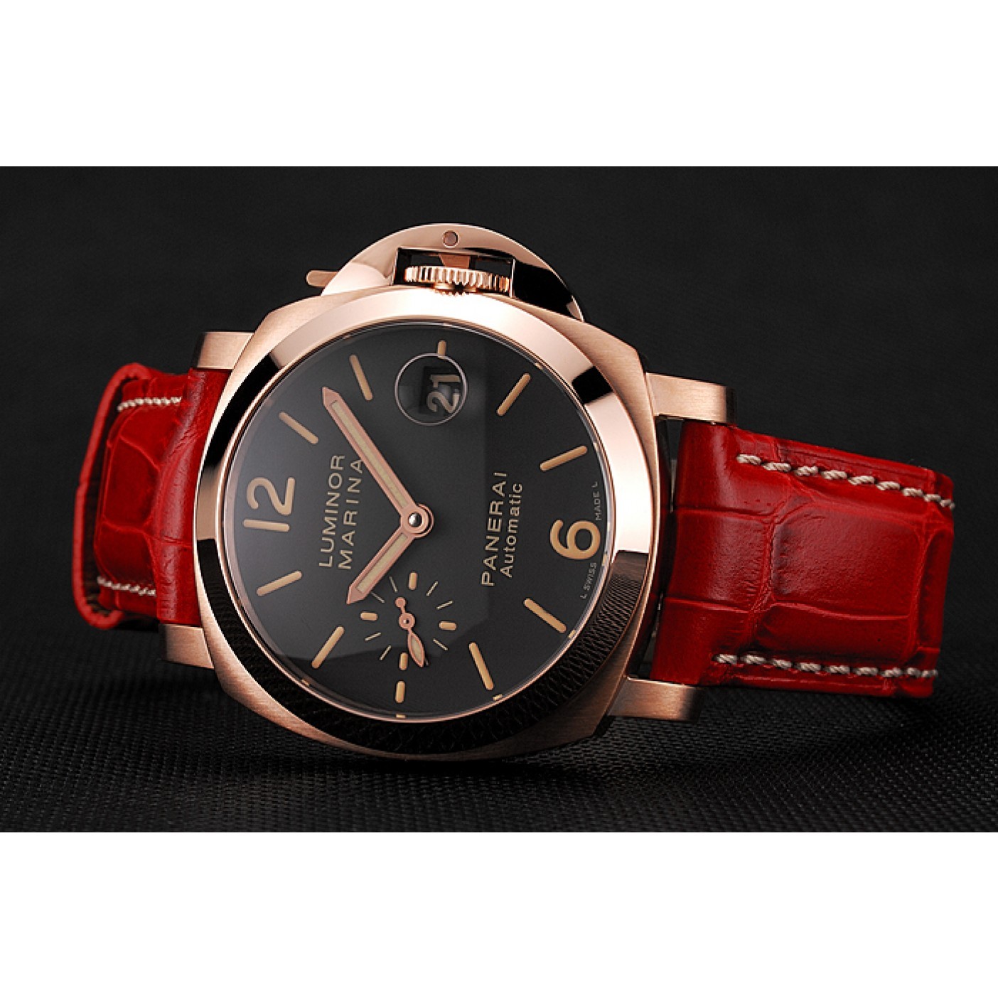 Swiss Panerai Luminor Marina Black Dial Rose Gold Case Red Leather Strap