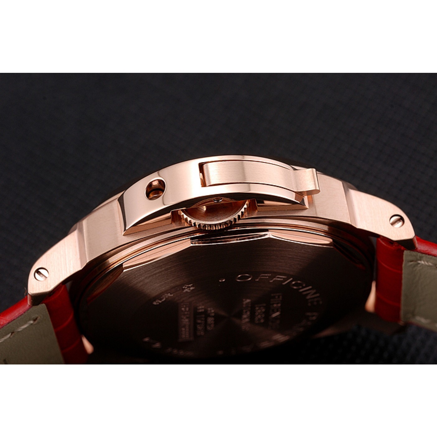 Swiss Panerai Luminor Marina Black Dial Rose Gold Case Red Leather Strap