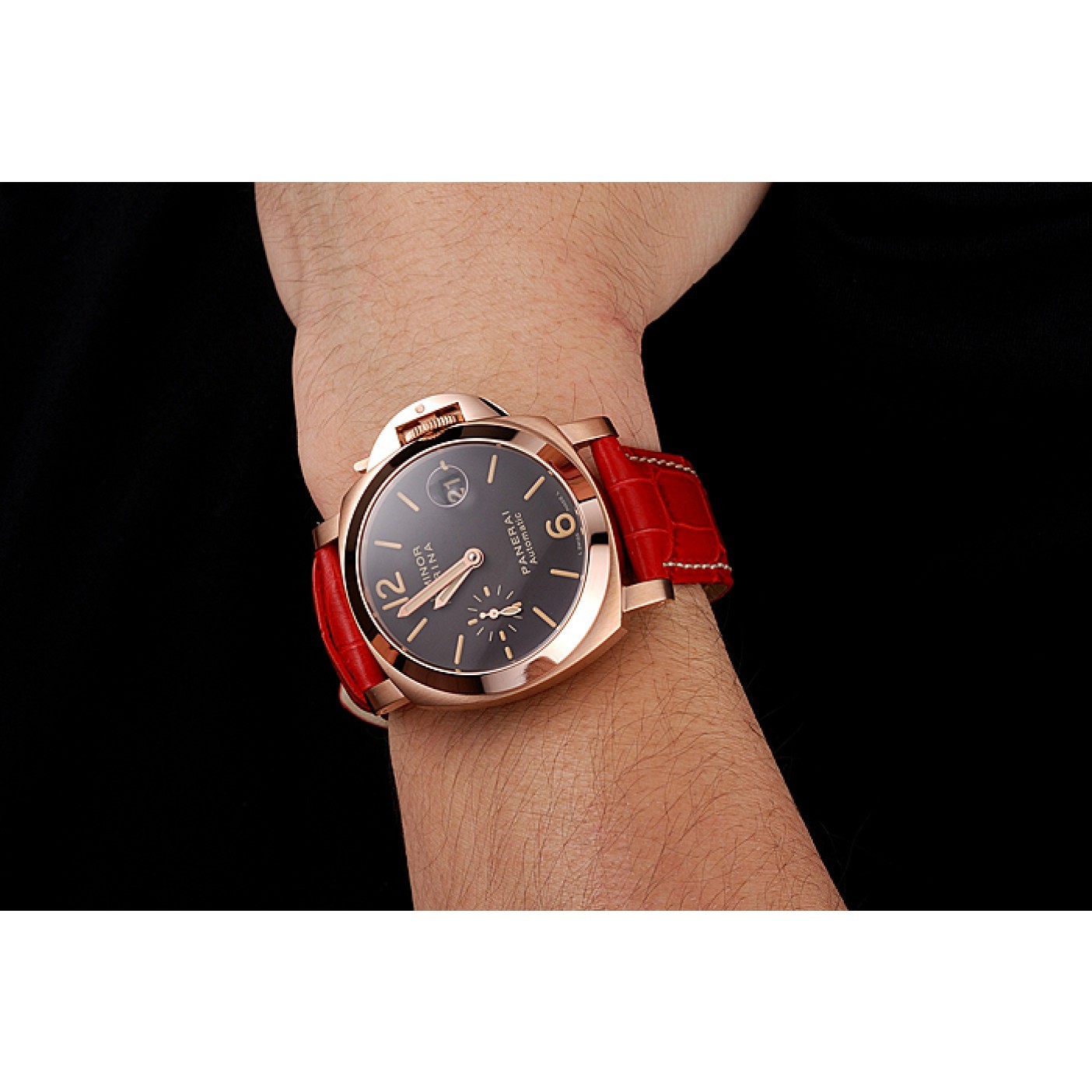 Swiss Panerai Luminor Marina Black Dial Rose Gold Case Red Leather Strap