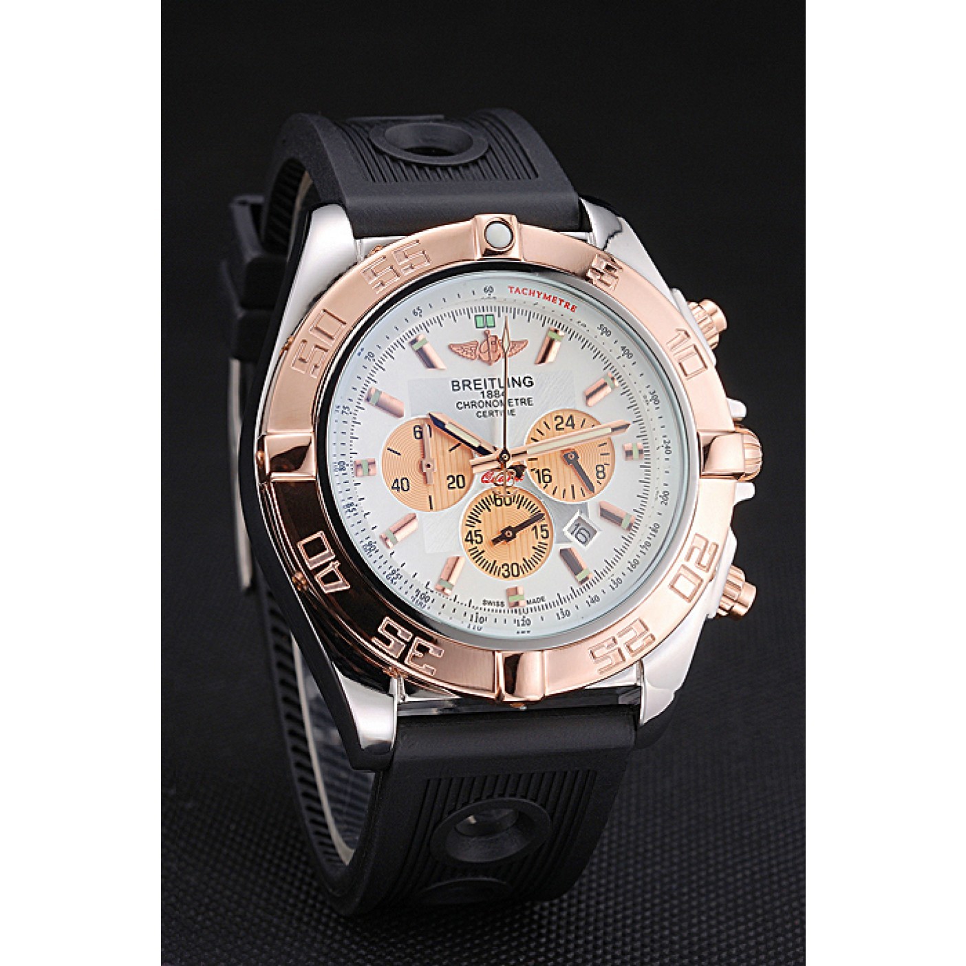 Breitling Chronomat White Dial Rose Gold Bezel And Subdials Stainless Steel Case Black Rubber Strap