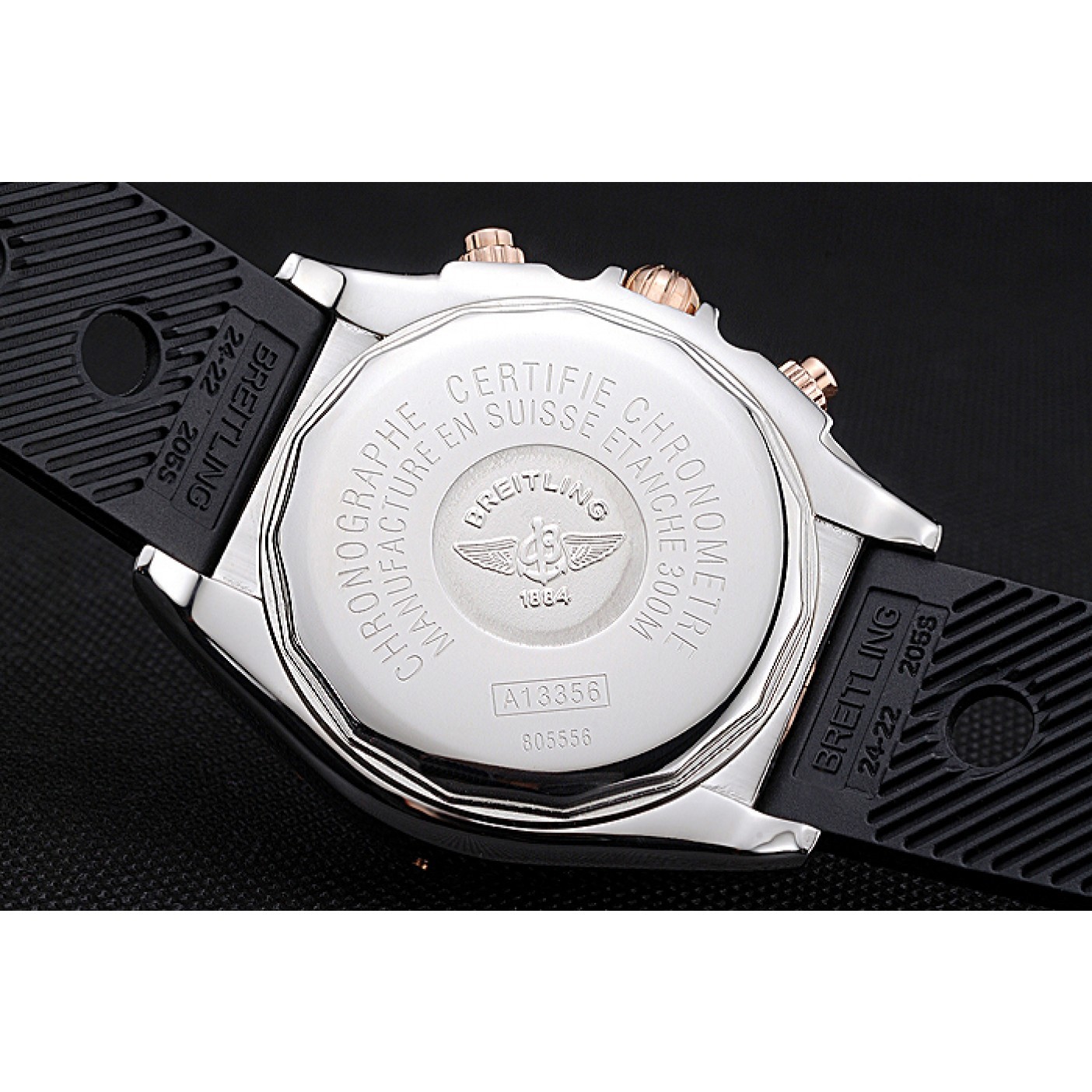 Breitling Chronomat White Dial Rose Gold Bezel And Subdials Stainless Steel Case Black Rubber Strap