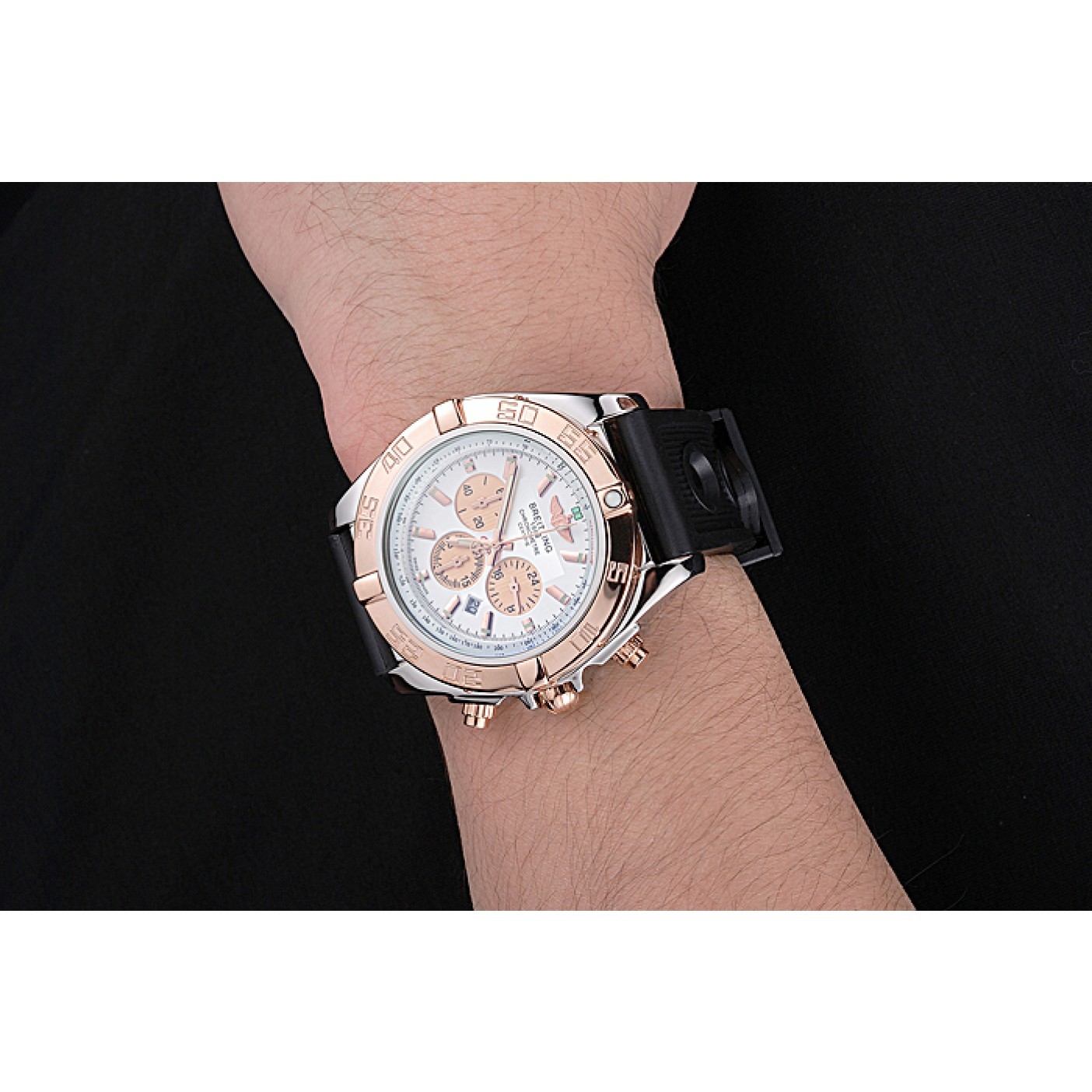 Breitling Chronomat White Dial Rose Gold Bezel And Subdials Stainless Steel Case Black Rubber Strap