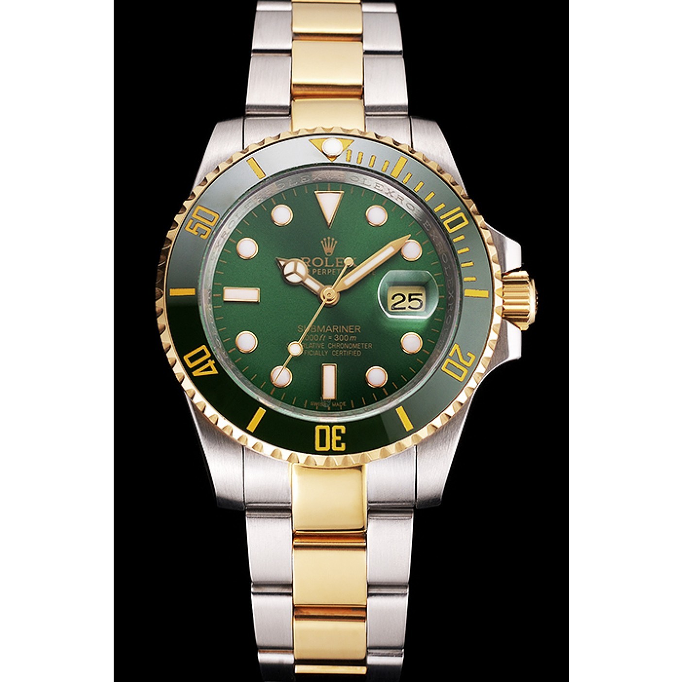 Swiss Rolex Submariner Green Dial And Bezel Two Tone Steel Gold Bracelet