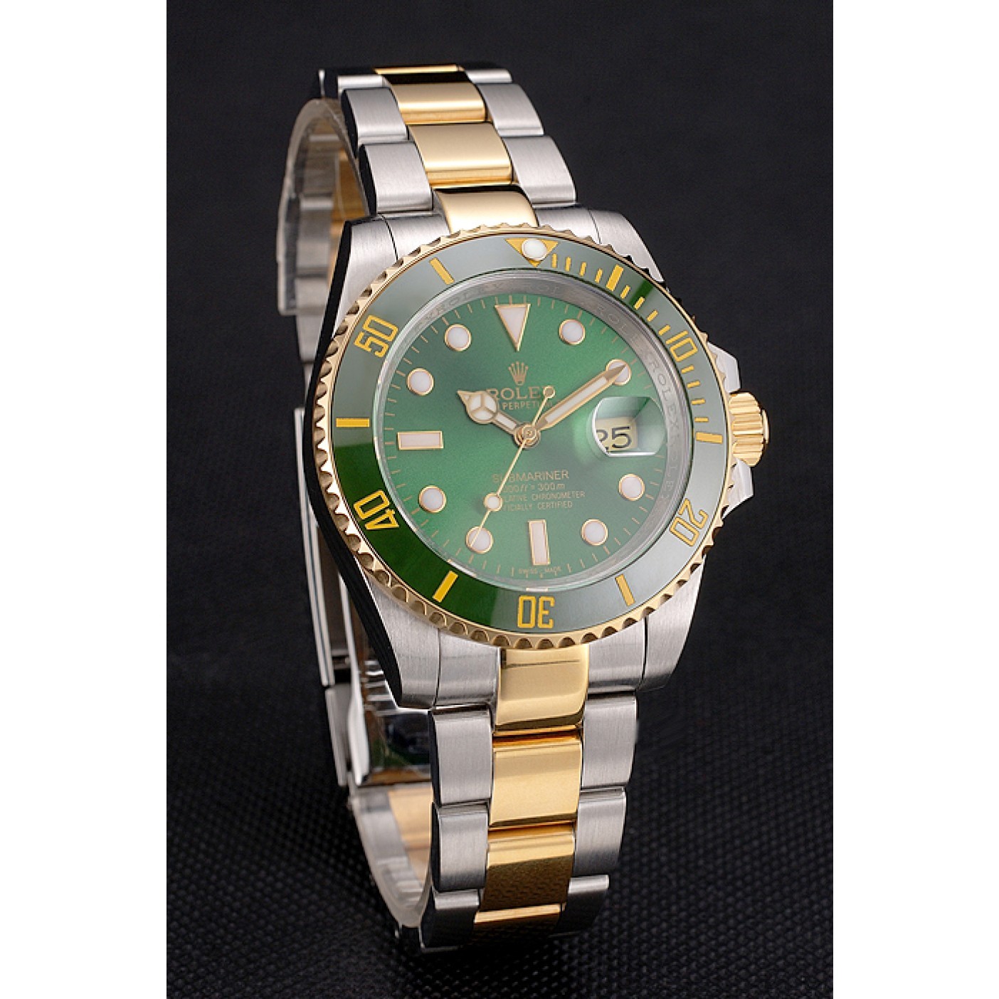 Swiss Rolex Submariner Green Dial And Bezel Two Tone Steel Gold Bracelet