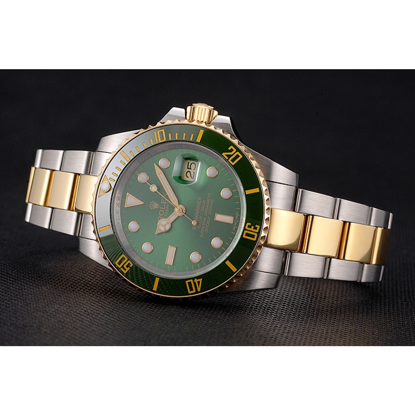 Swiss Rolex Submariner Green Dial And Bezel Two Tone Steel Gold Bracelet