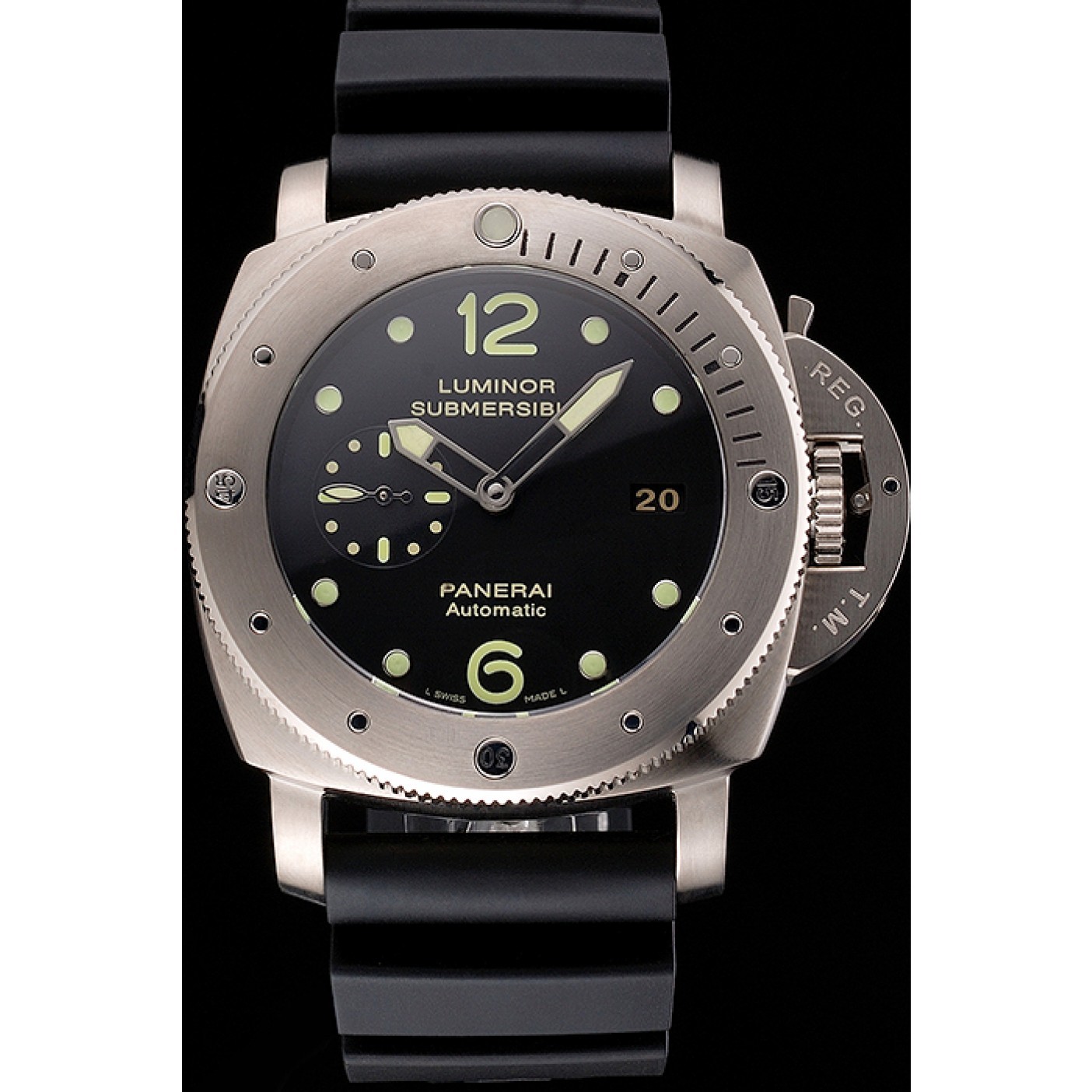 Swiss Panerai Luminor Submersible Black Dial Stainless Steel Case Black Rubber Strap