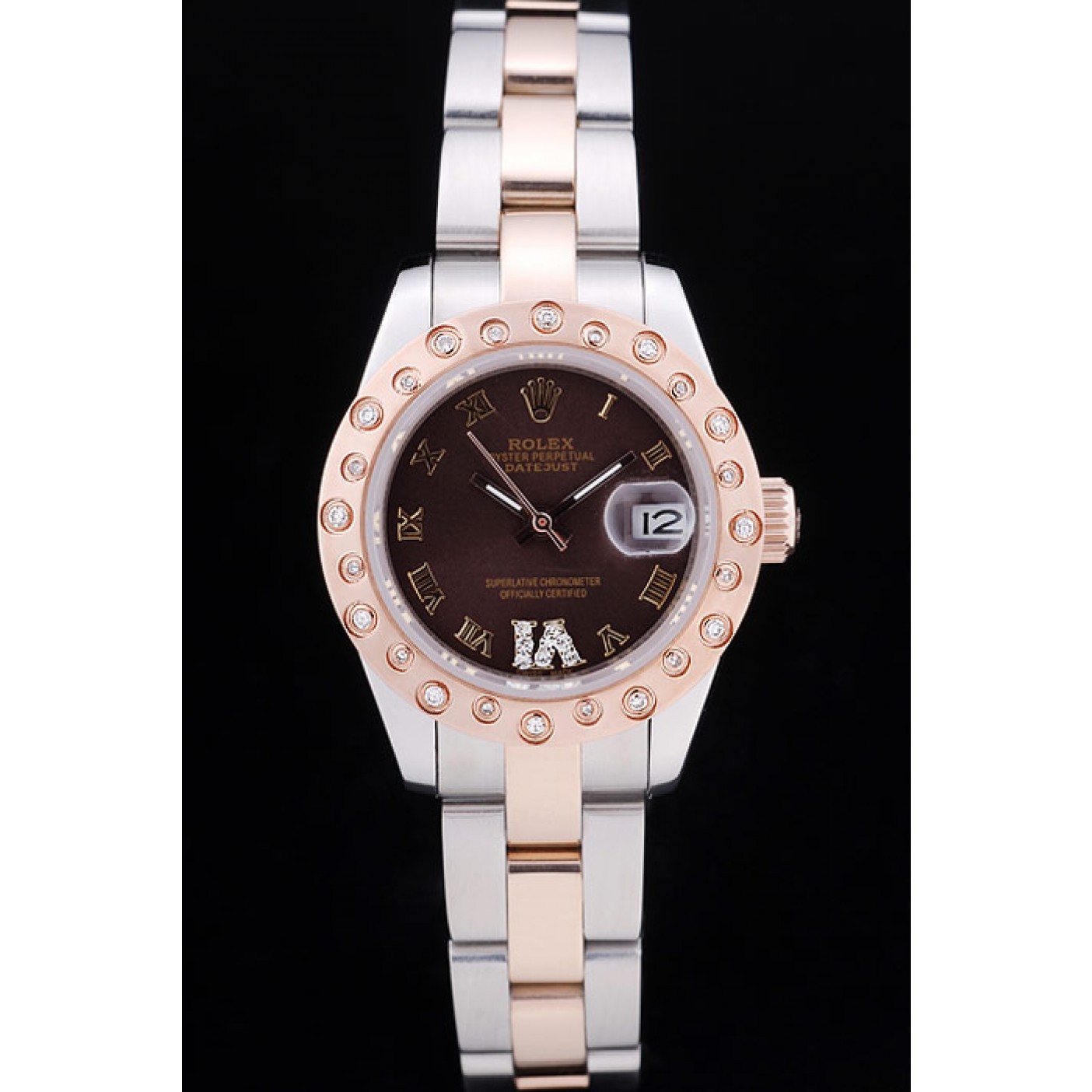 Rolex Datejust Diamonds Rose Gold Polished Bezel Brown Dial 7475