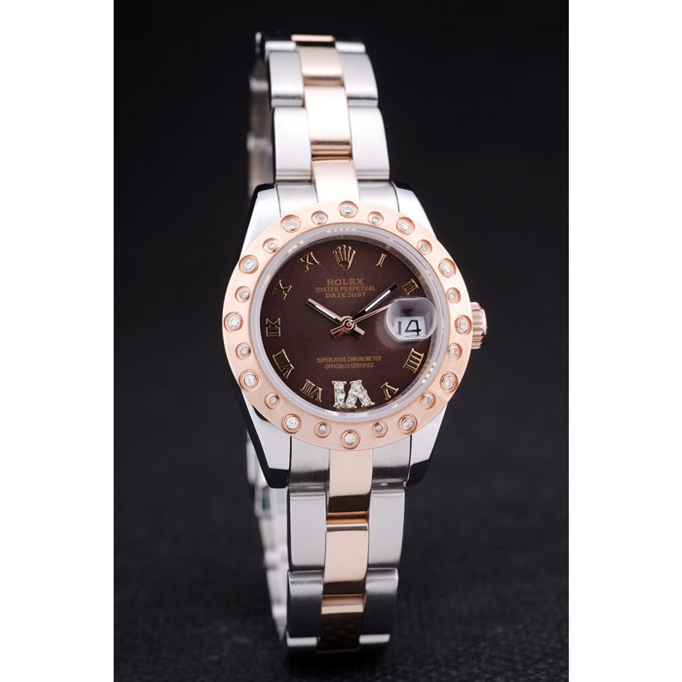 RepTime Watches Rolex Datejust Diamonds Rose Gold Polished Bezel Brown Dial 7475