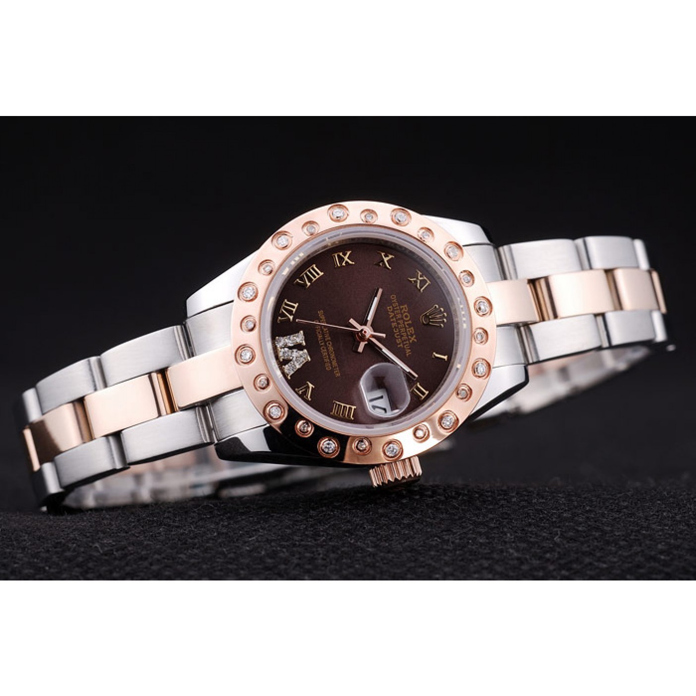 RepTime Watches Rolex Datejust Diamonds Rose Gold Polished Bezel Brown Dial 7475