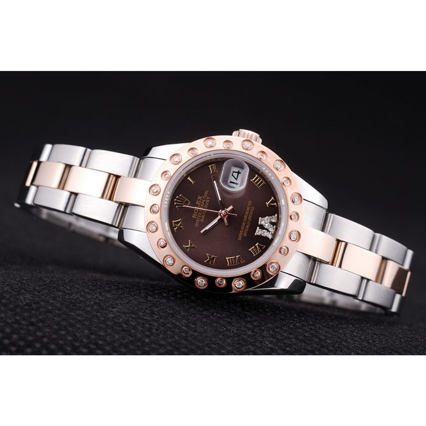 Rolex Datejust Diamonds Rose Gold Polished Bezel Brown Dial 7475